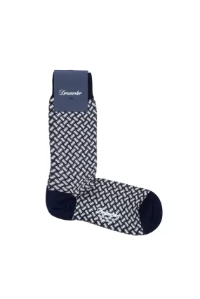 Drumohr White/Navy Razor Blade Pattern Cotton Socks