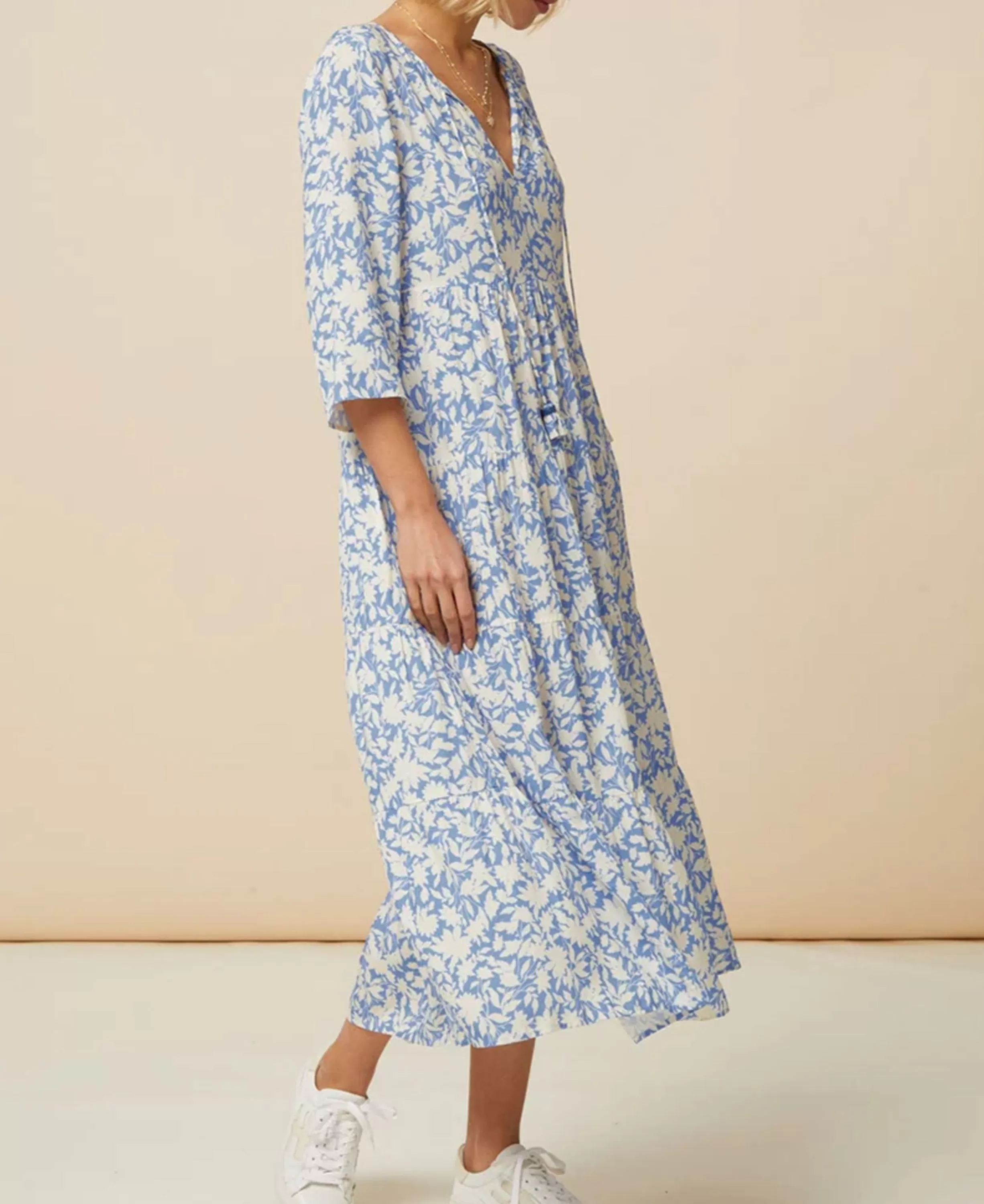 Emma Ecovero Midi Dress - Pale Blue/White