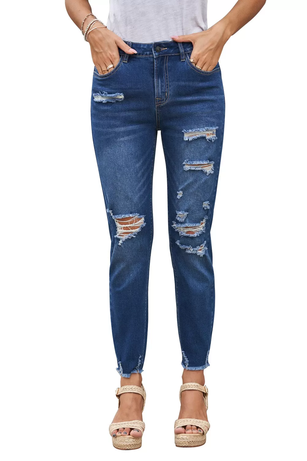 Fashion Blue Distressed Boyfriend Jeans