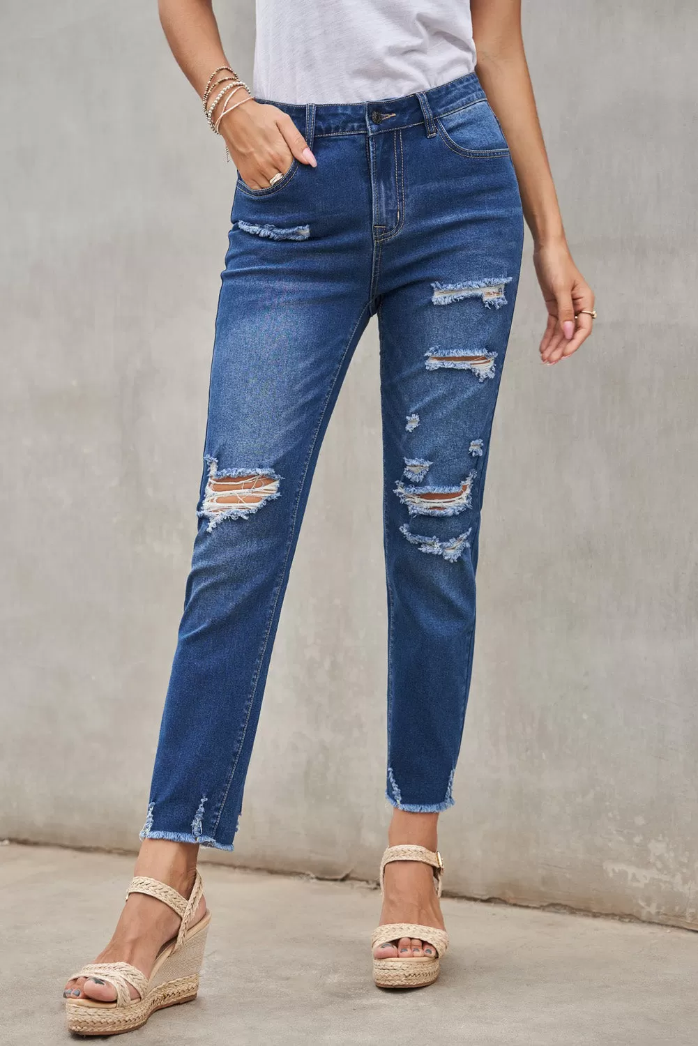 Fashion Blue Distressed Boyfriend Jeans