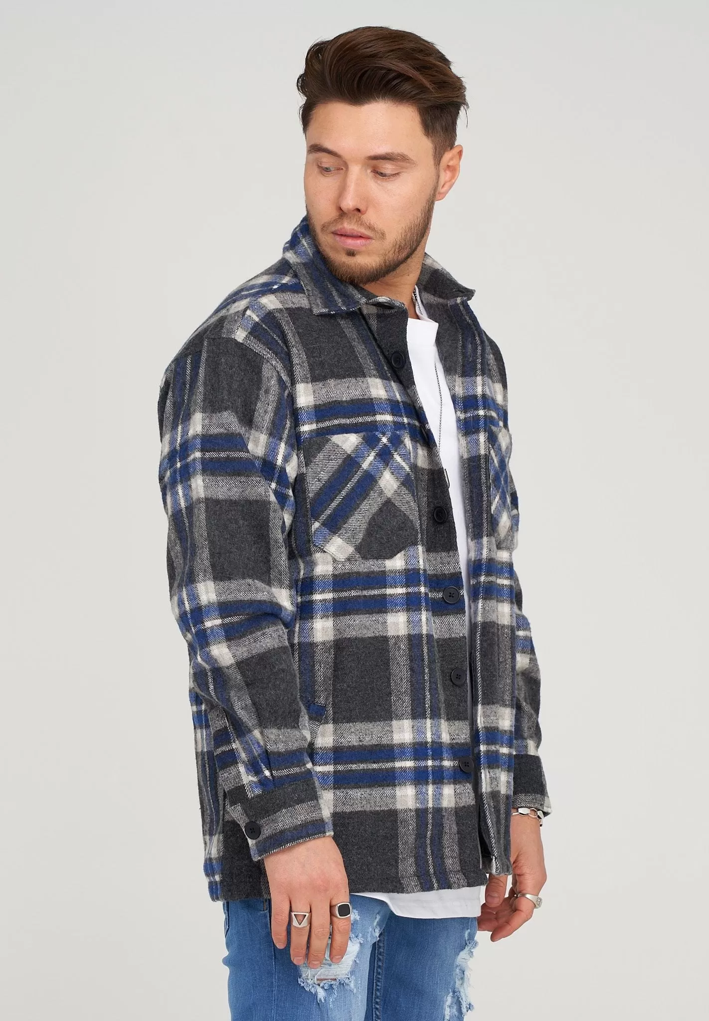 Flanell Overshirt YY152 Grau-Blau