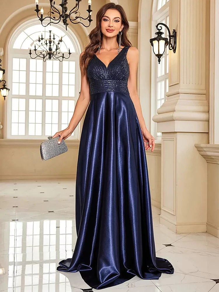 Formal Dresses Satin Sequins V-Neck Pockets Evening Gown