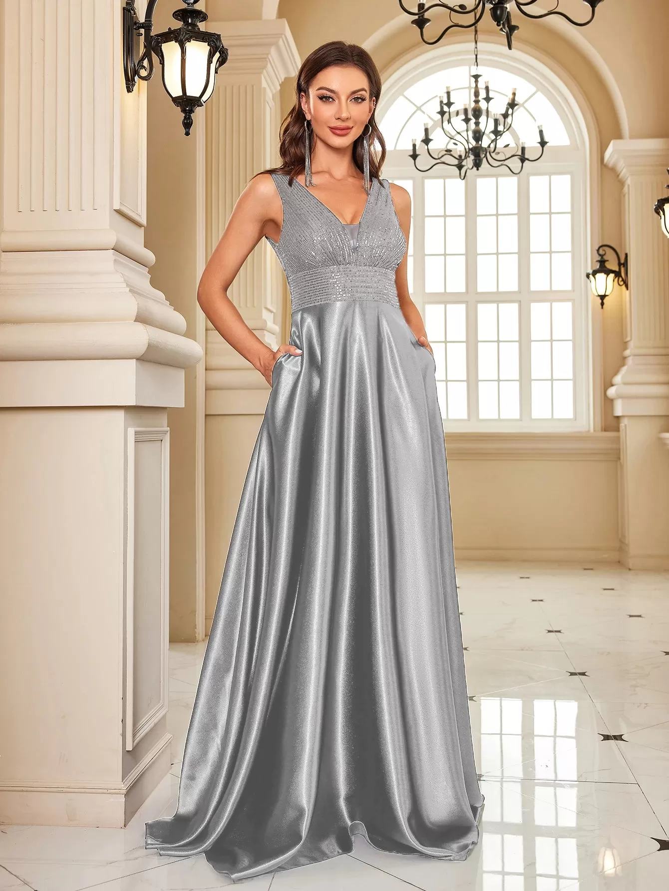 Formal Dresses Satin Sequins V-Neck Pockets Evening Gown