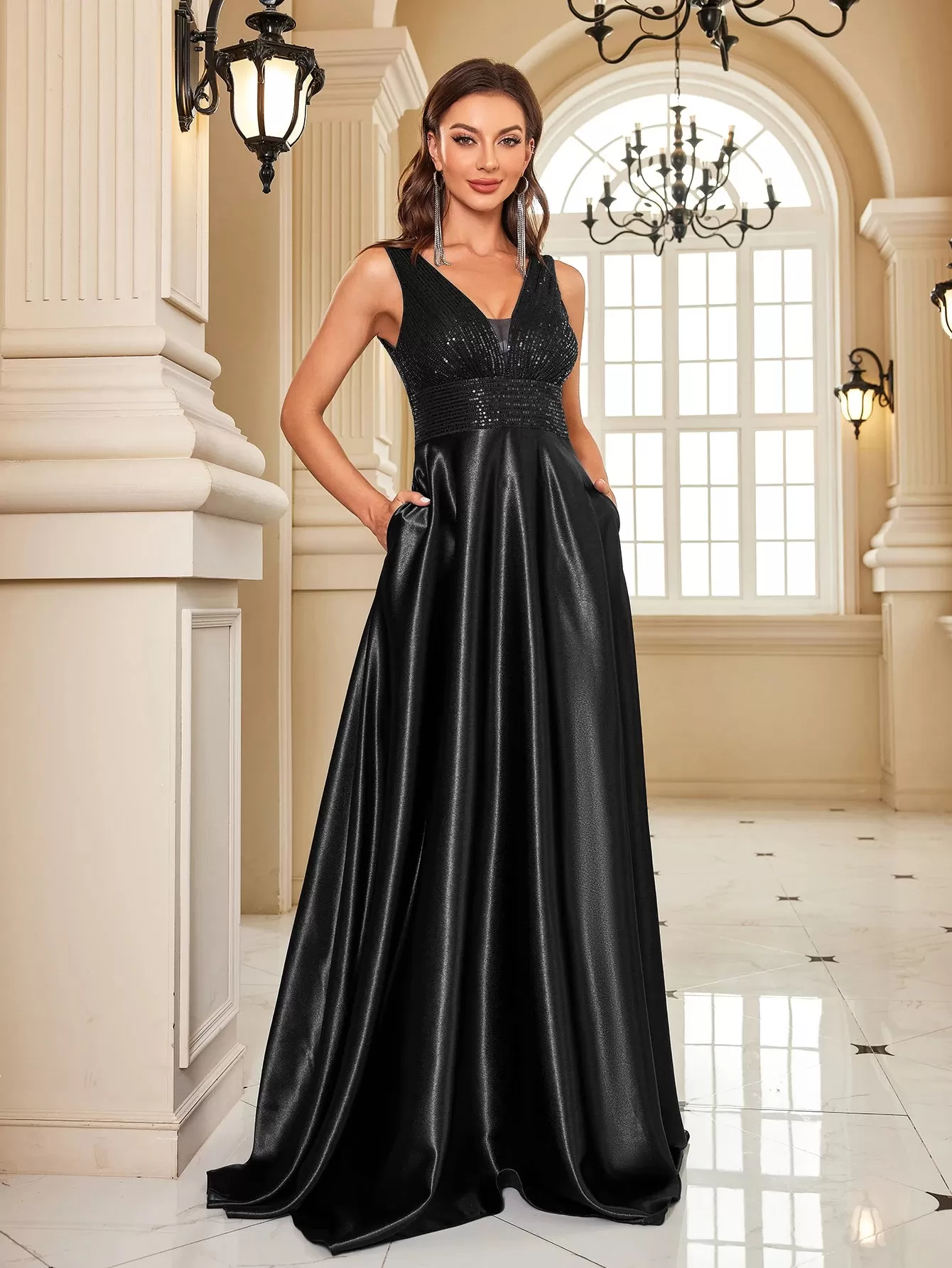 Formal Dresses Satin Sequins V-Neck Pockets Evening Gown