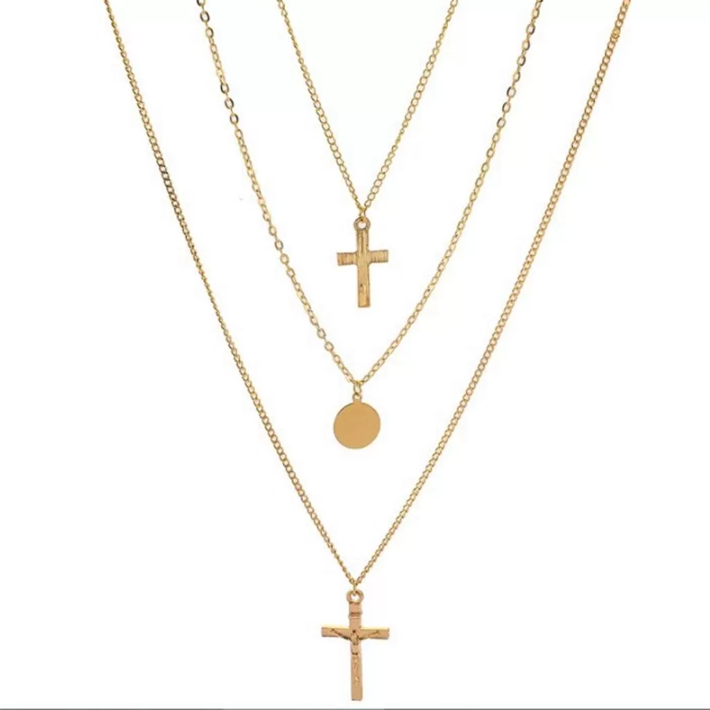 Gold Triple Layered Double Cross and Disc Necklace