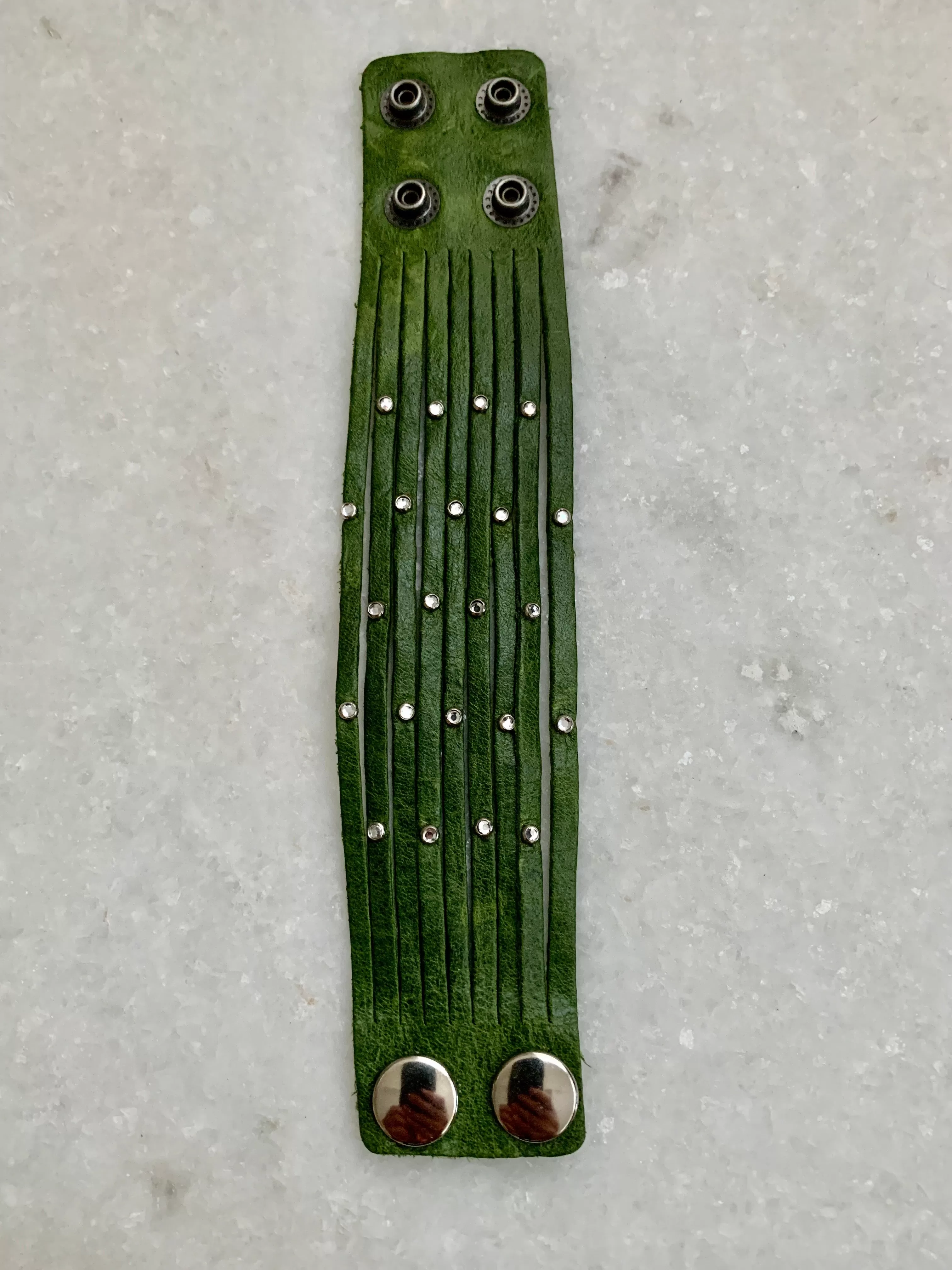 Green Leather Bracelet w/Cz Studs