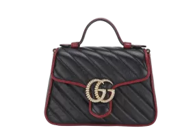 GUCCI GG MARMONT TOP HANDLE MINI BLACK & RED LEATHER (583571 493075) GOLD HARDWARE WITH STRAP, DUST COVER & BOX