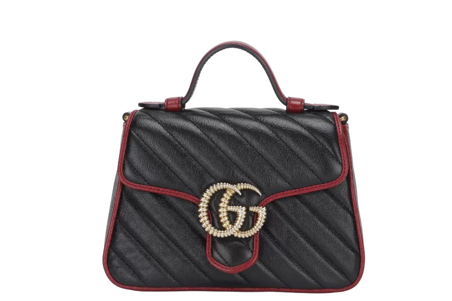 GUCCI GG MARMONT TOP HANDLE MINI BLACK & RED LEATHER (583571 493075) GOLD HARDWARE WITH STRAP, DUST COVER & BOX