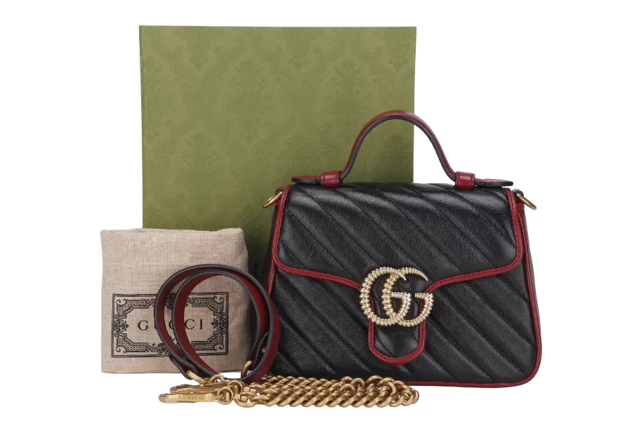 GUCCI GG MARMONT TOP HANDLE MINI BLACK & RED LEATHER (583571 493075) GOLD HARDWARE WITH STRAP, DUST COVER & BOX