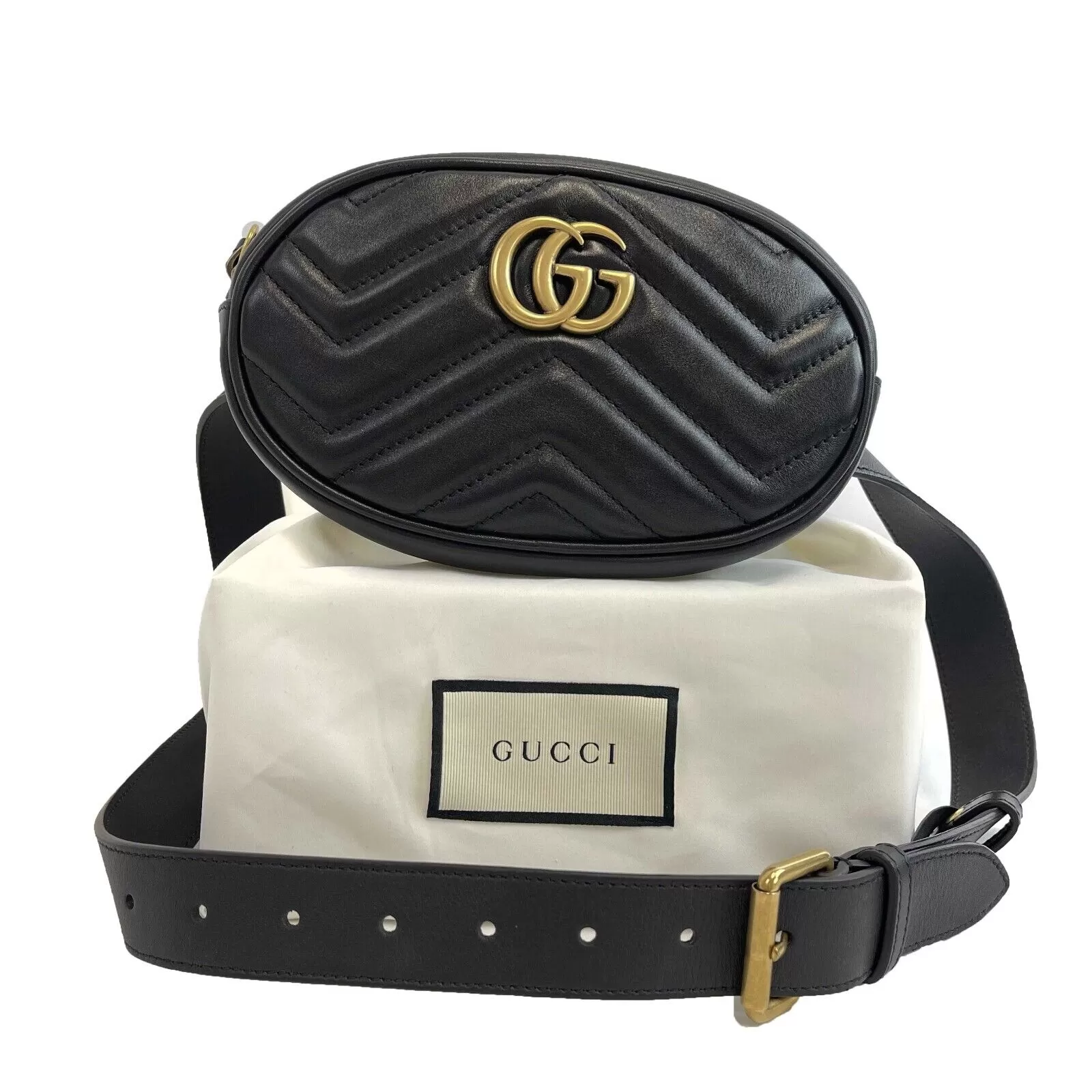 GUCCI - NEW Marmont Black GG Chevron Leather Belt Bag