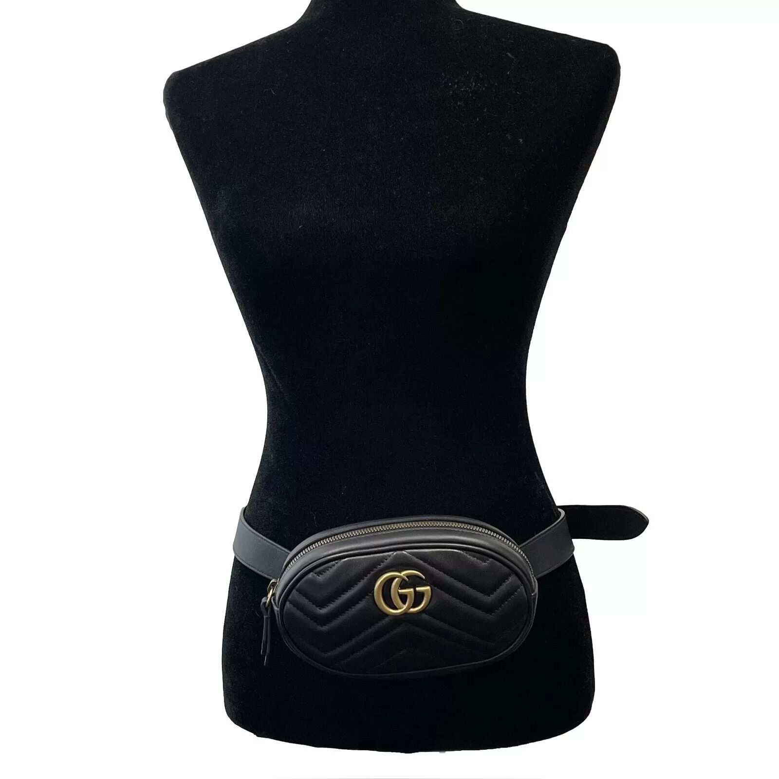 GUCCI - NEW Marmont Black GG Chevron Leather Belt Bag