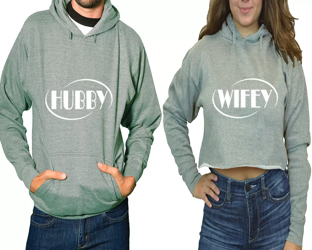 Hubby Wifey Couple Matching Pullover Hoodie for Man, Crop Top Hoodie for Woman