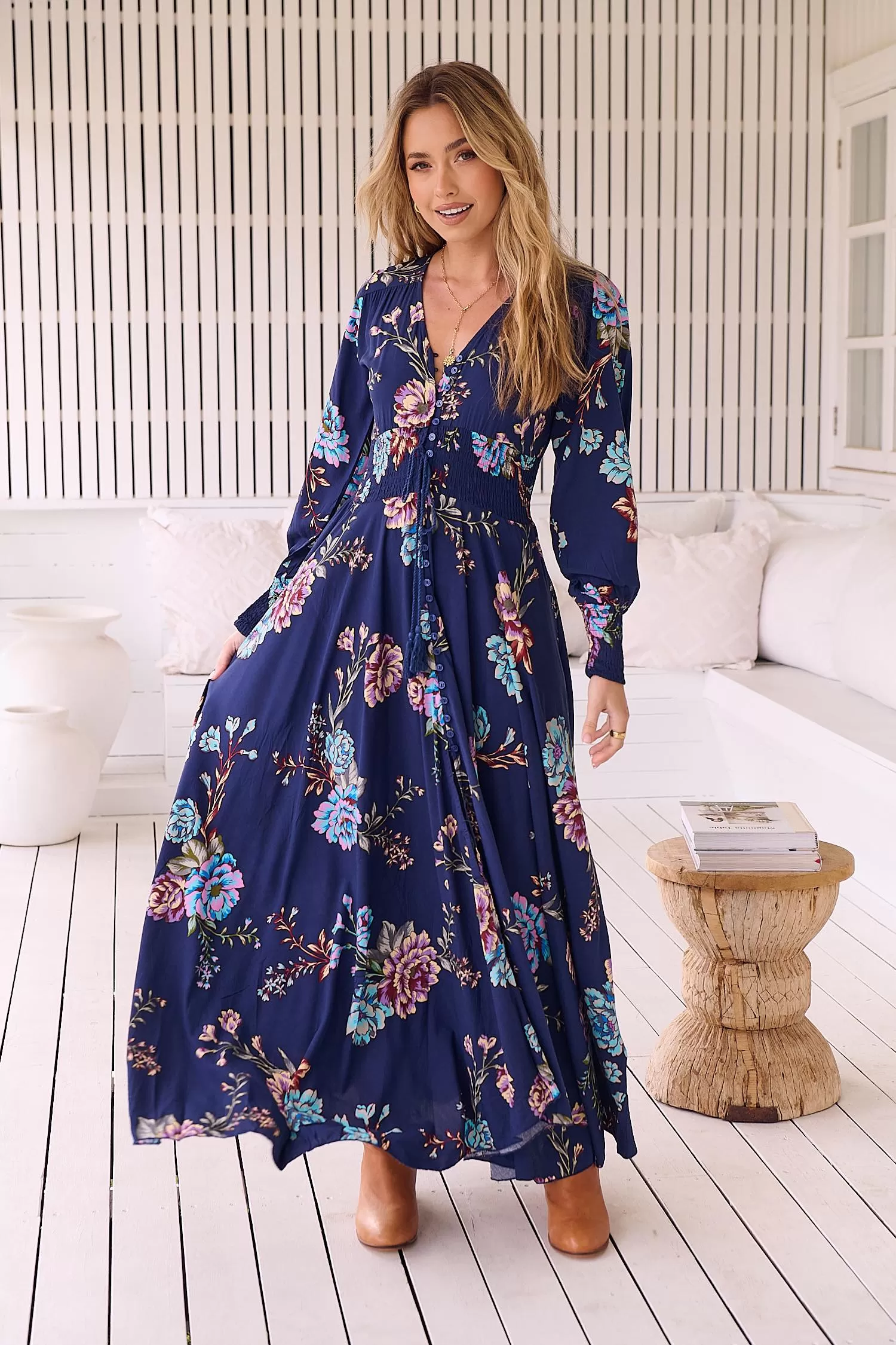 Jaase Indiana Maxi Dress with Long Sleeve Buttoned Front Shirred Waist - Botanica Collection