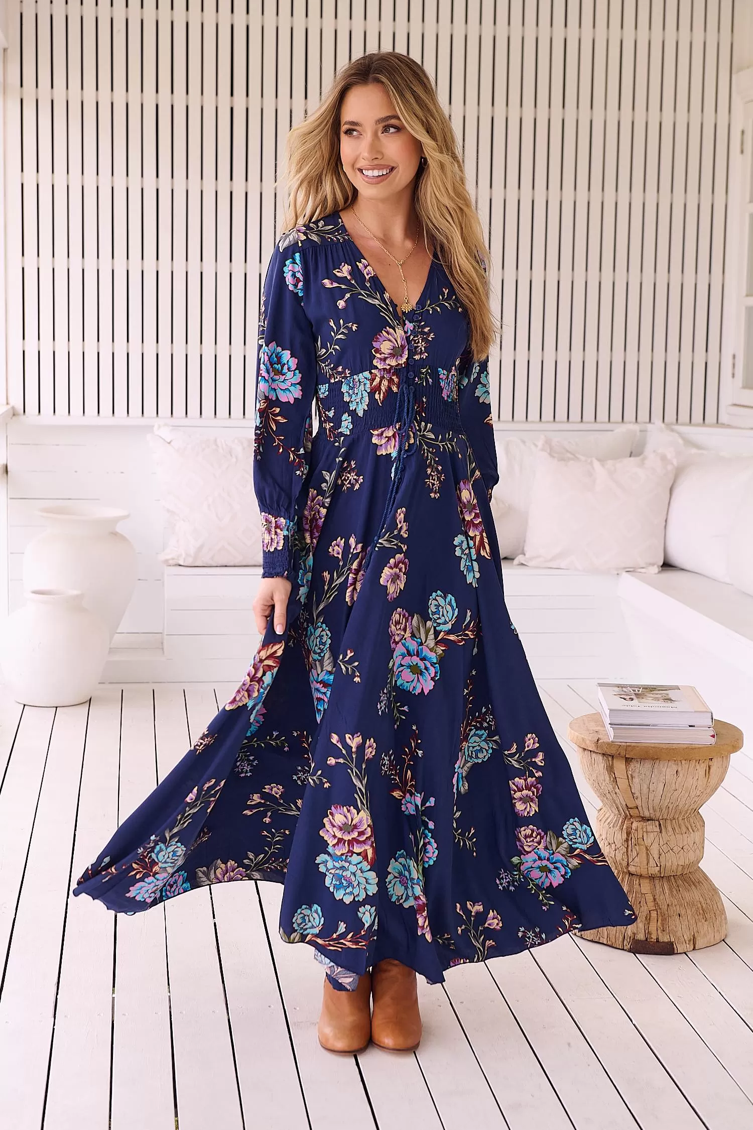 Jaase Indiana Maxi Dress with Long Sleeve Buttoned Front Shirred Waist - Botanica Collection