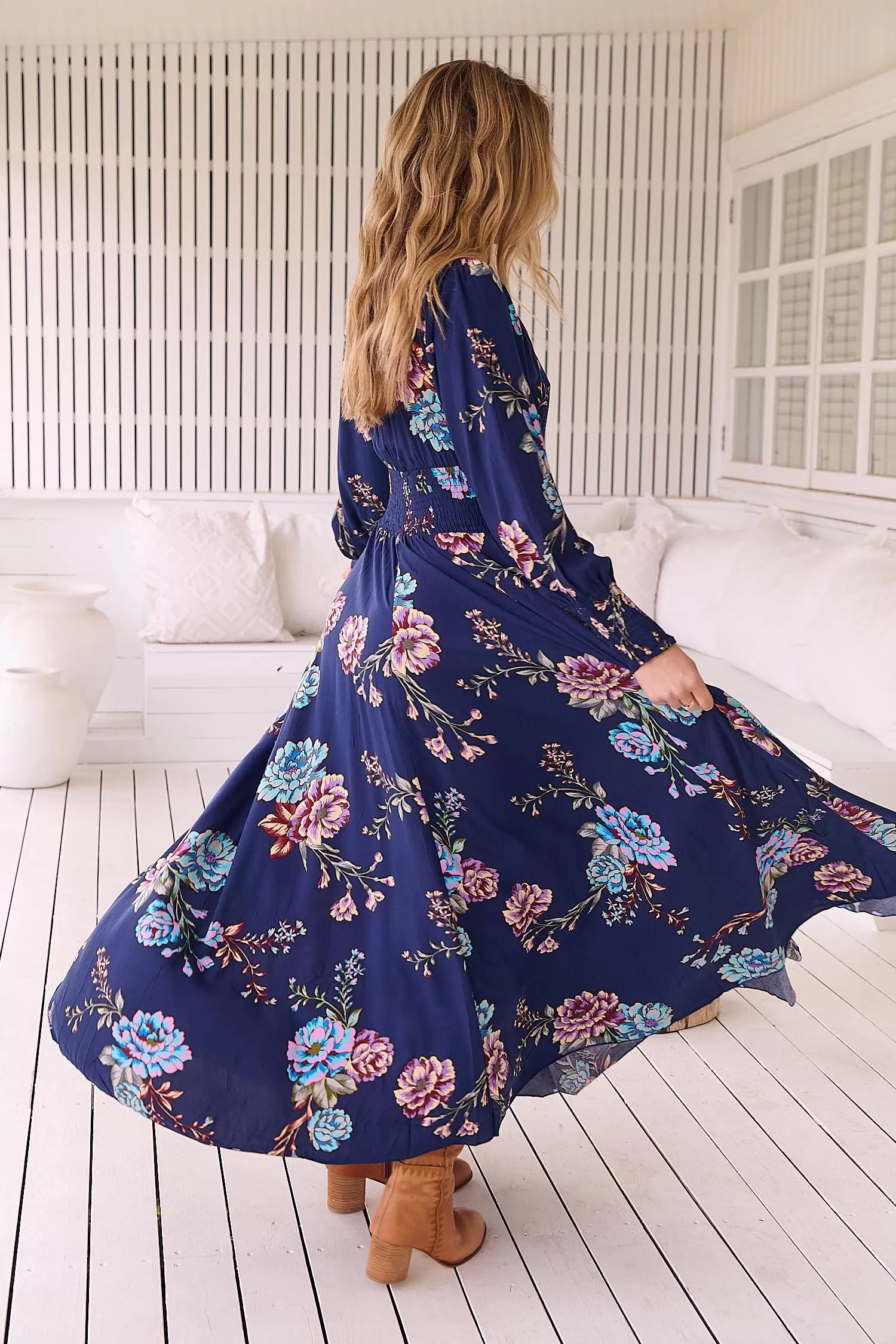 Jaase Indiana Maxi Dress with Long Sleeve Buttoned Front Shirred Waist - Botanica Collection