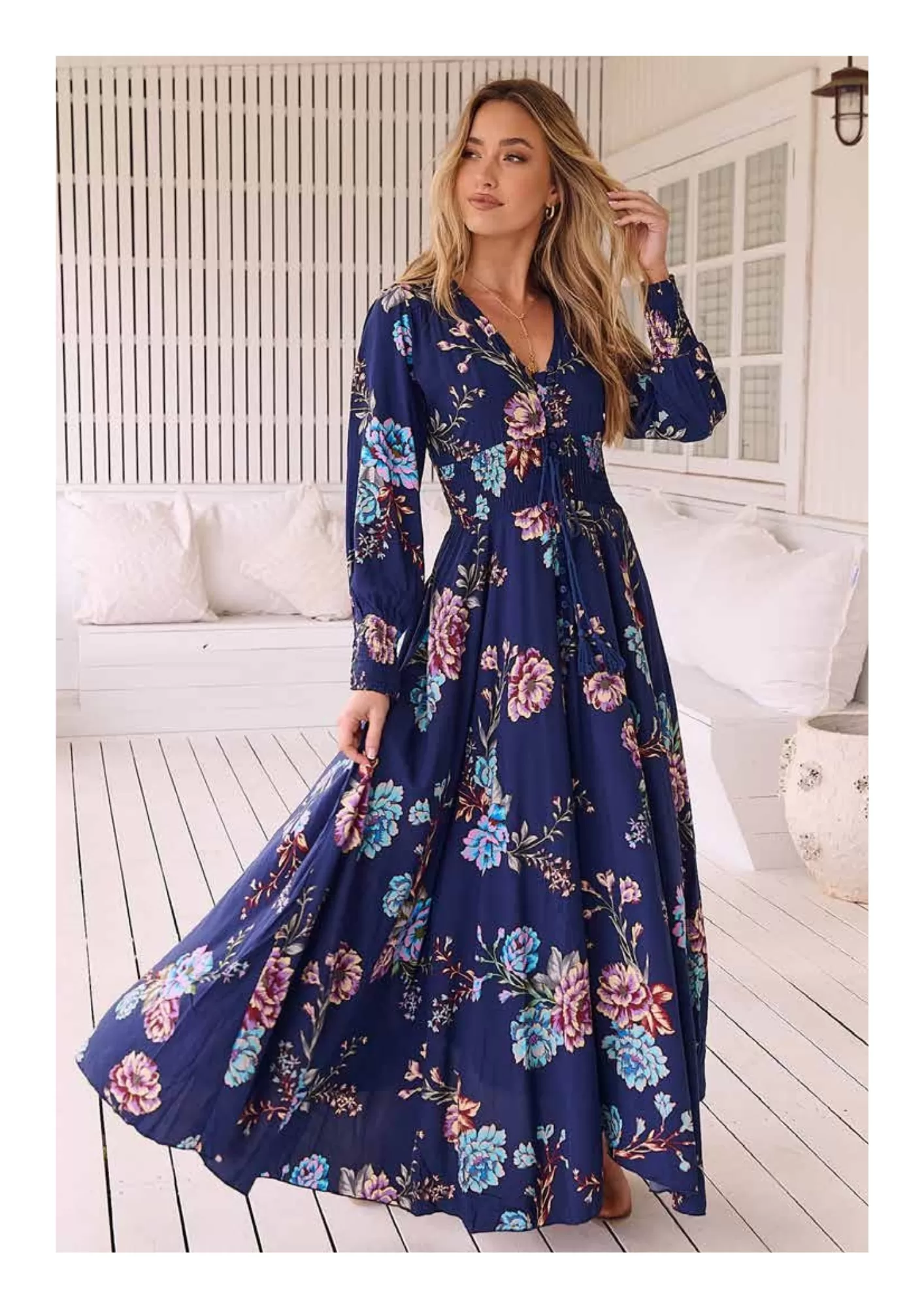 Jaase Indiana Maxi Dress with Long Sleeve Buttoned Front Shirred Waist - Botanica Collection