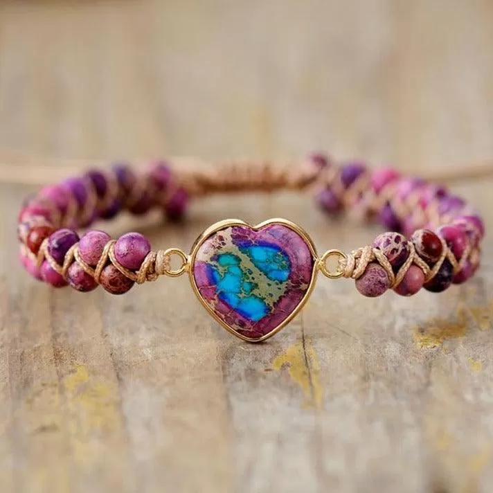 Jasper Heart Charm Braided Bracelet - purple