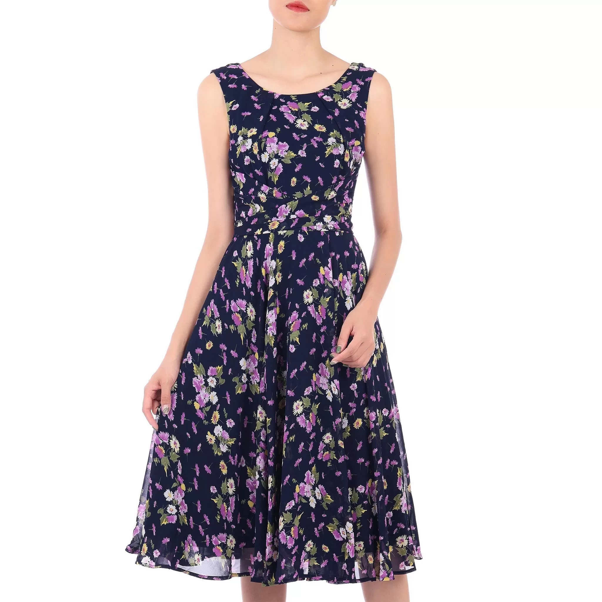 Jolie Moi Navy Blue Floral Sleeveless Chiffon 50s Swing Audrey Dress