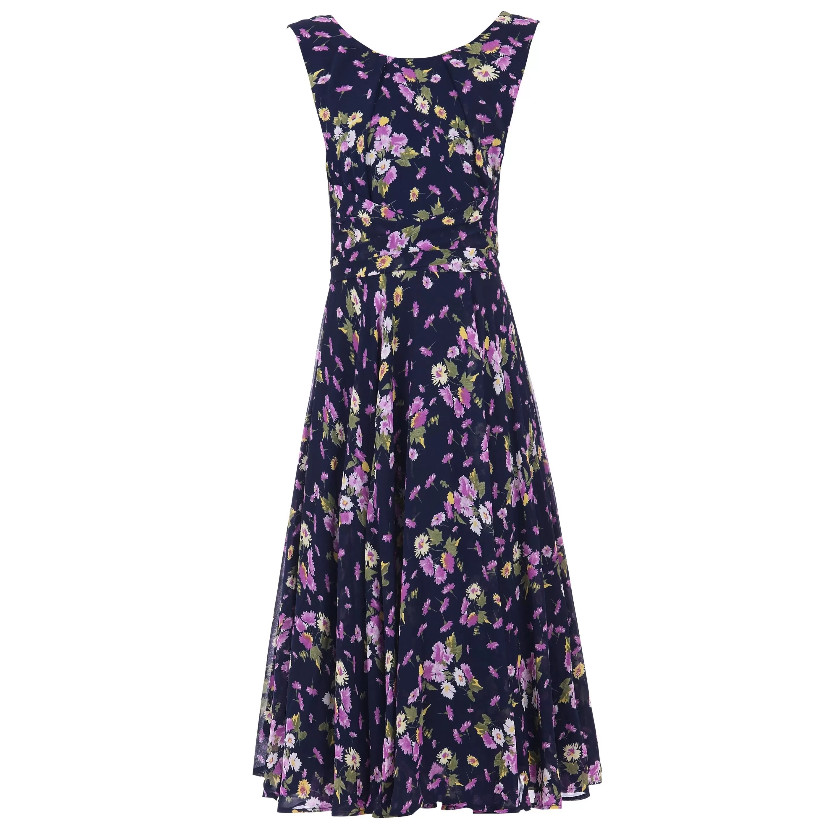 Jolie Moi Navy Blue Floral Sleeveless Chiffon 50s Swing Audrey Dress