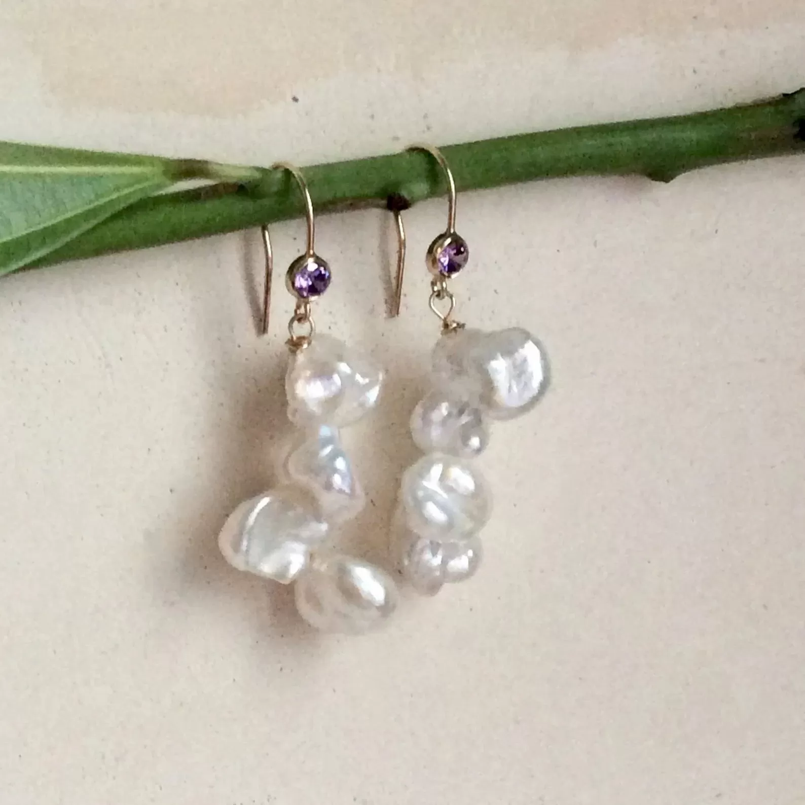 Keshi Pearl Drop Earrings, Gold Filled Hook and Purple Cubic Zirconia Bezel