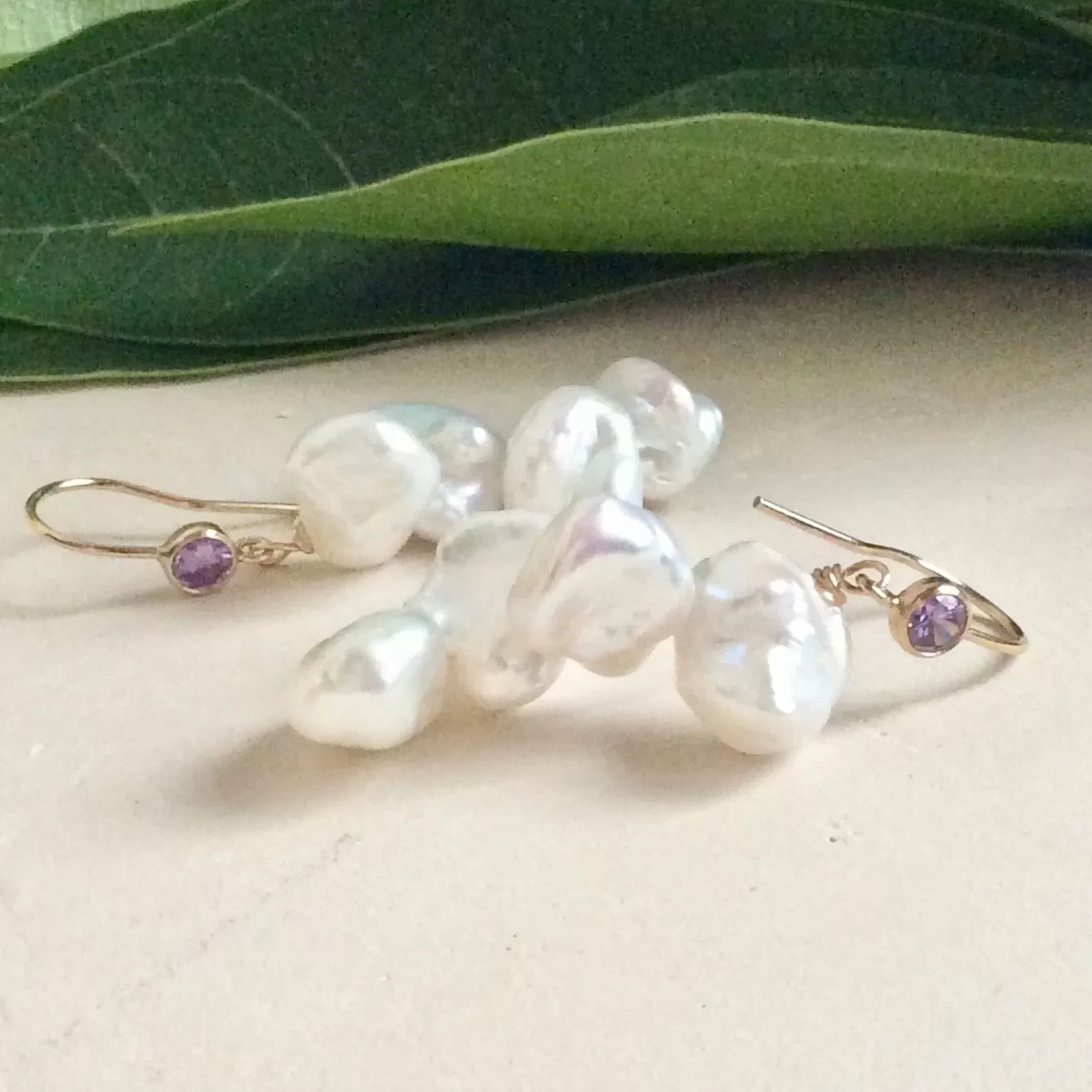 Keshi Pearl Drop Earrings, Gold Filled Hook and Purple Cubic Zirconia Bezel