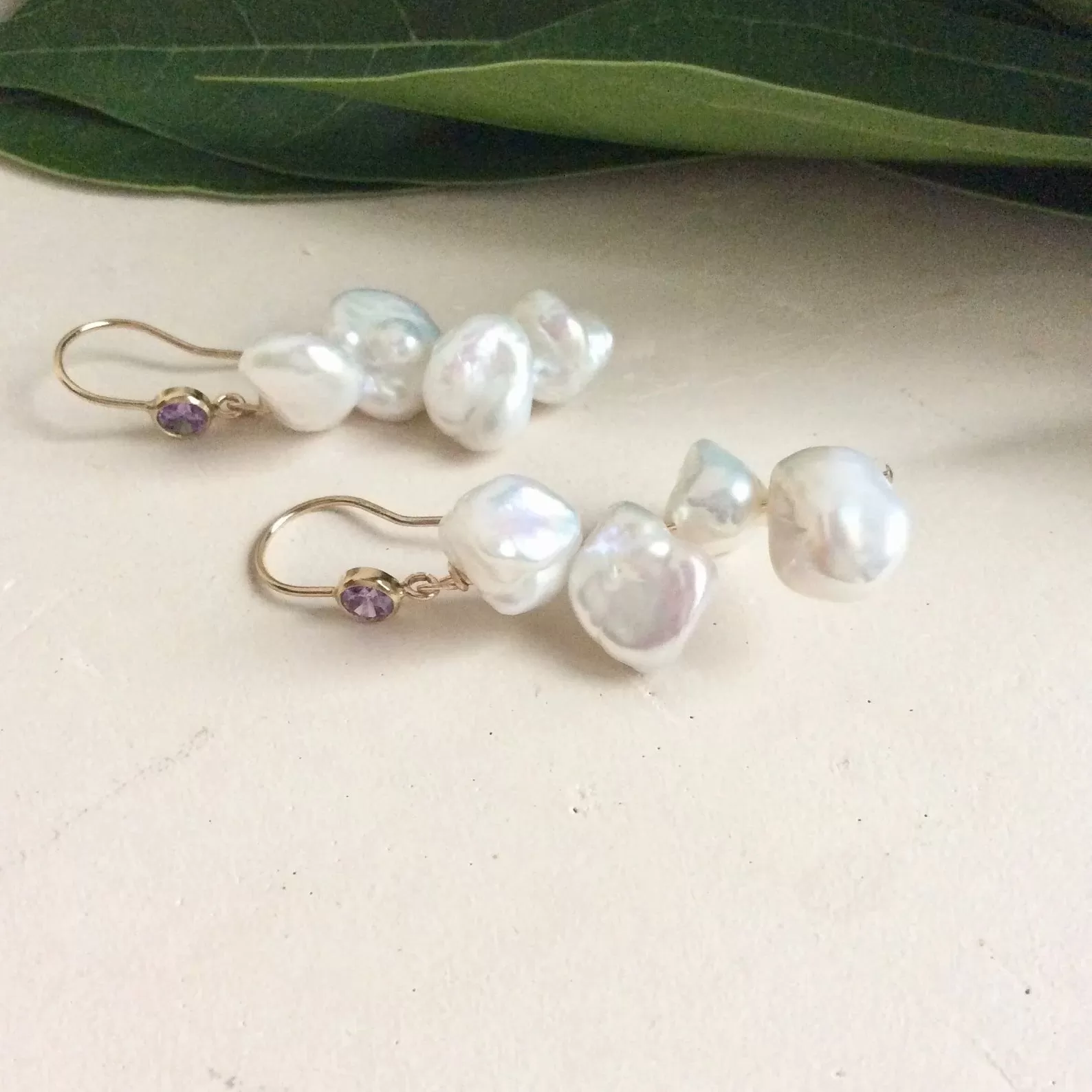 Keshi Pearl Drop Earrings, Gold Filled Hook and Purple Cubic Zirconia Bezel