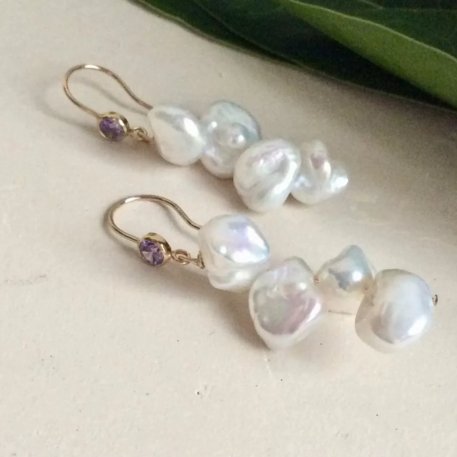 Keshi Pearl Drop Earrings, Gold Filled Hook and Purple Cubic Zirconia Bezel