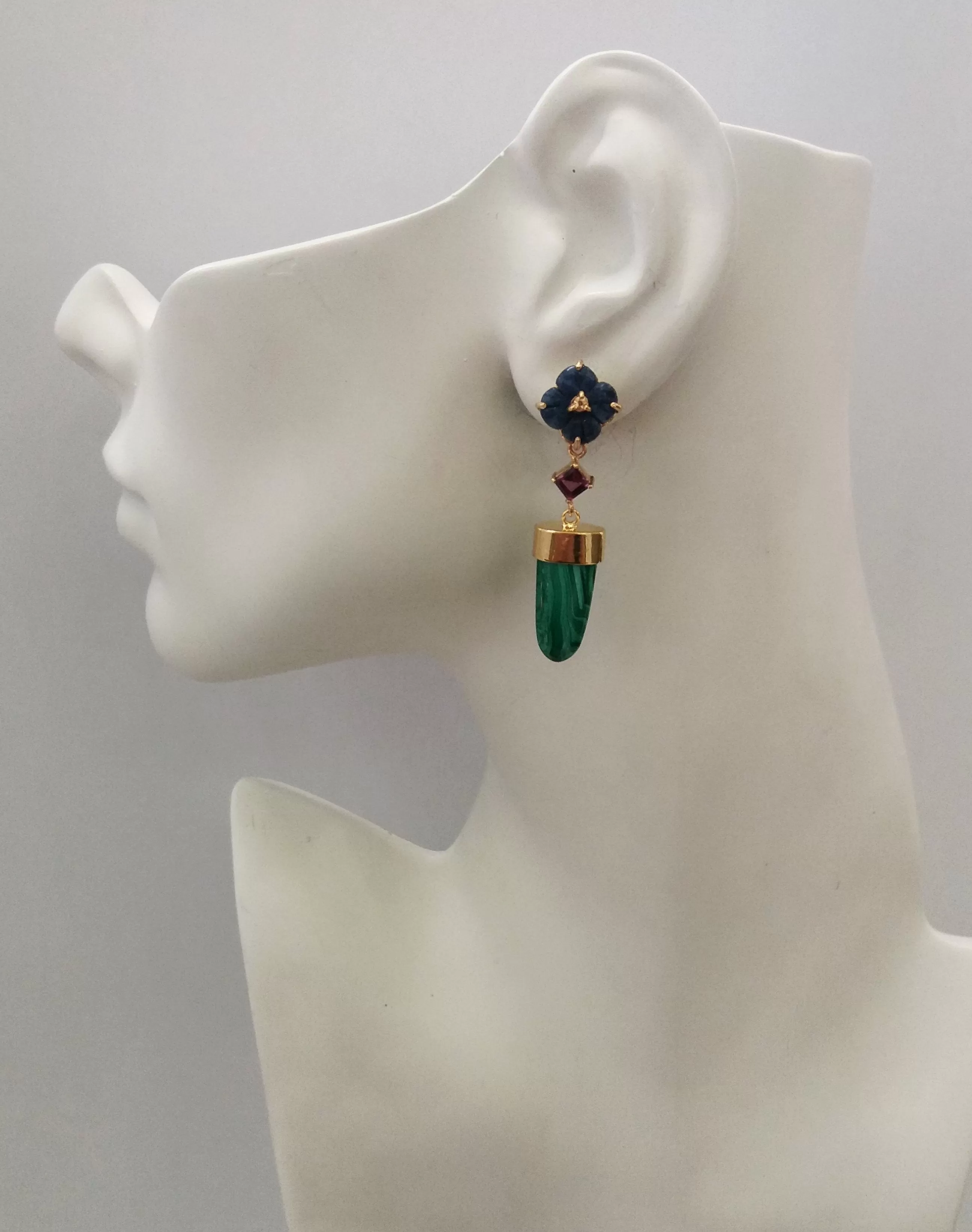 Lapis Lazuli & Citrine Studs with Rhodolite Garnets & Malachite Dangle Twinset Earrings