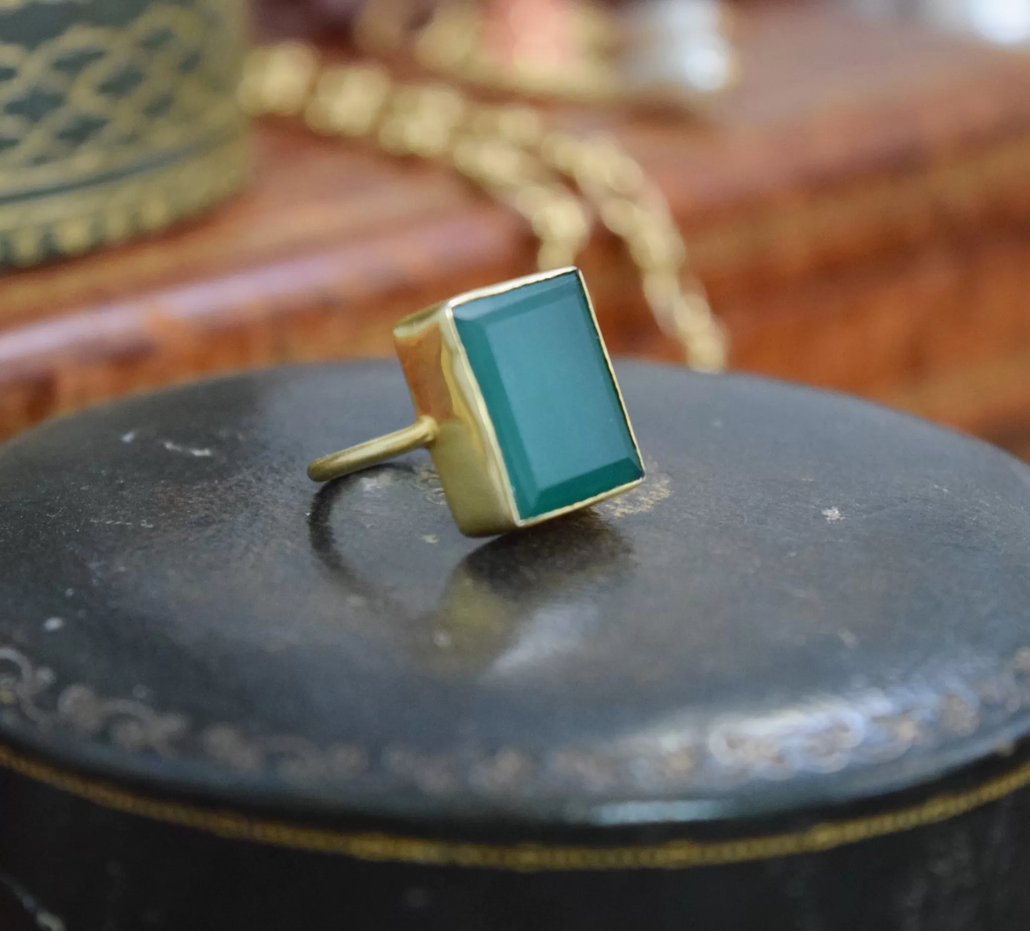 Large Green Onyx and Vermeil Ring