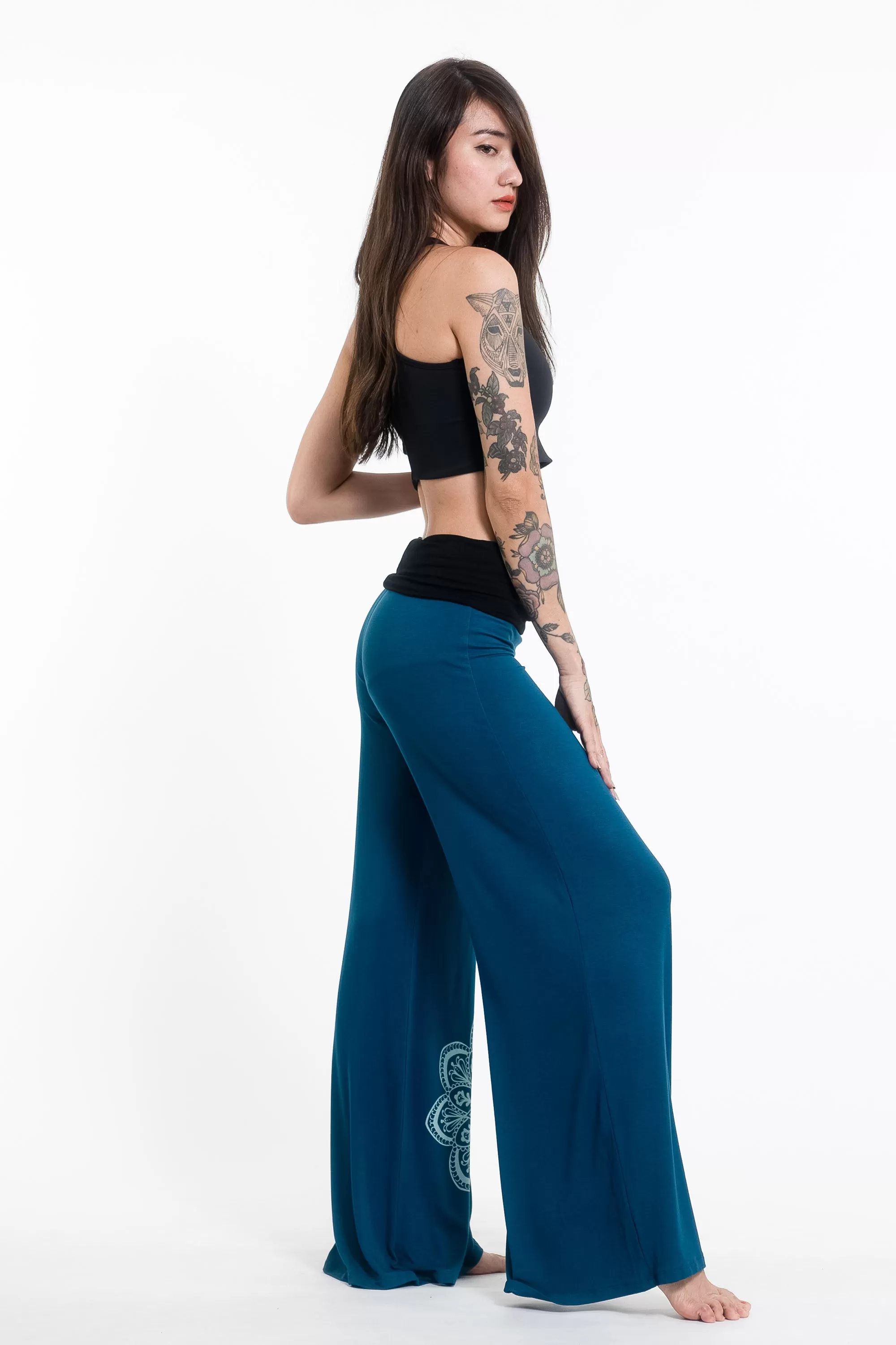 Mandala Print Wide Leg Palazzo Harem Pants Cotton Spandex in Turquoise