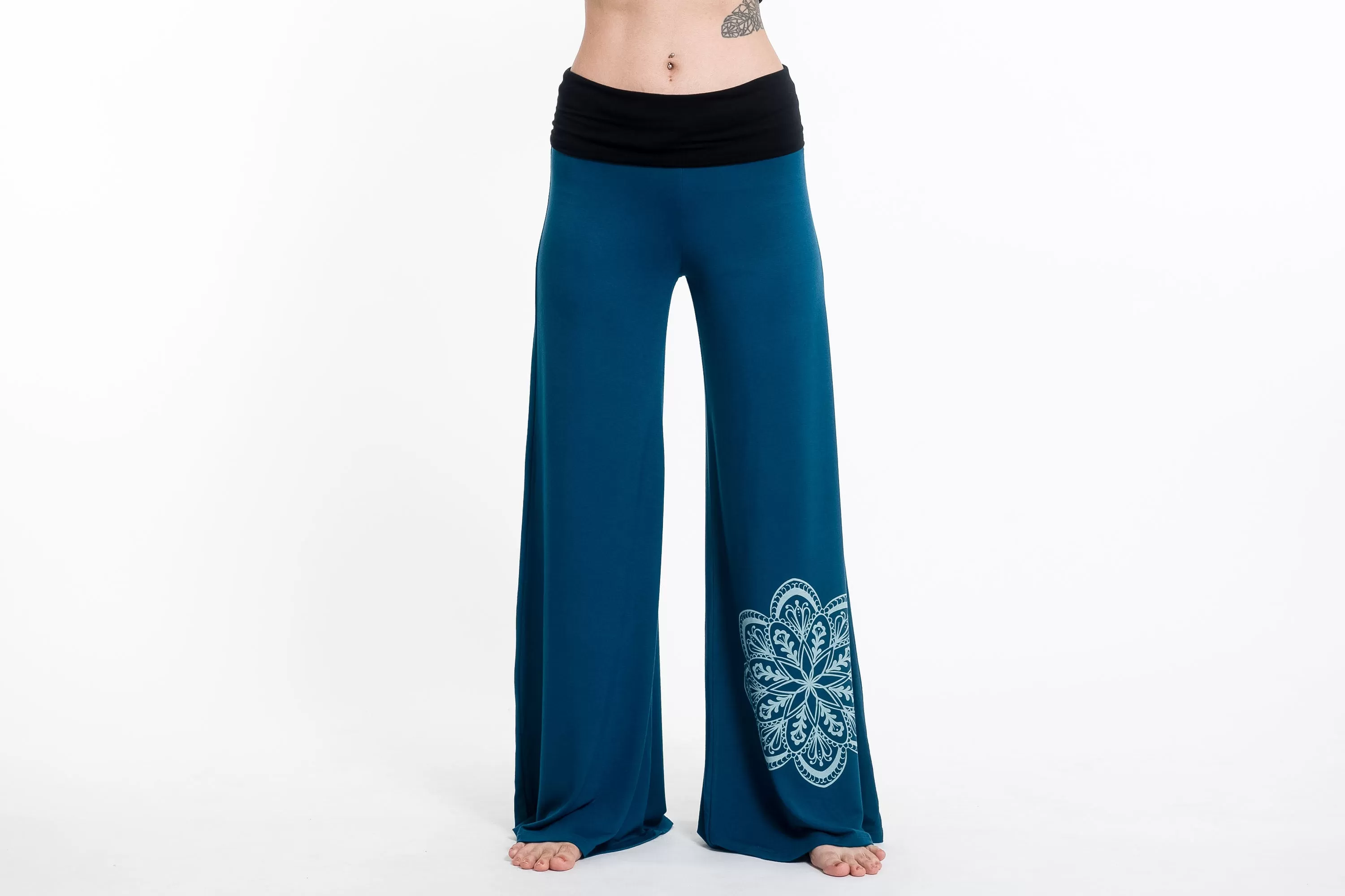 Mandala Print Wide Leg Palazzo Harem Pants Cotton Spandex in Turquoise