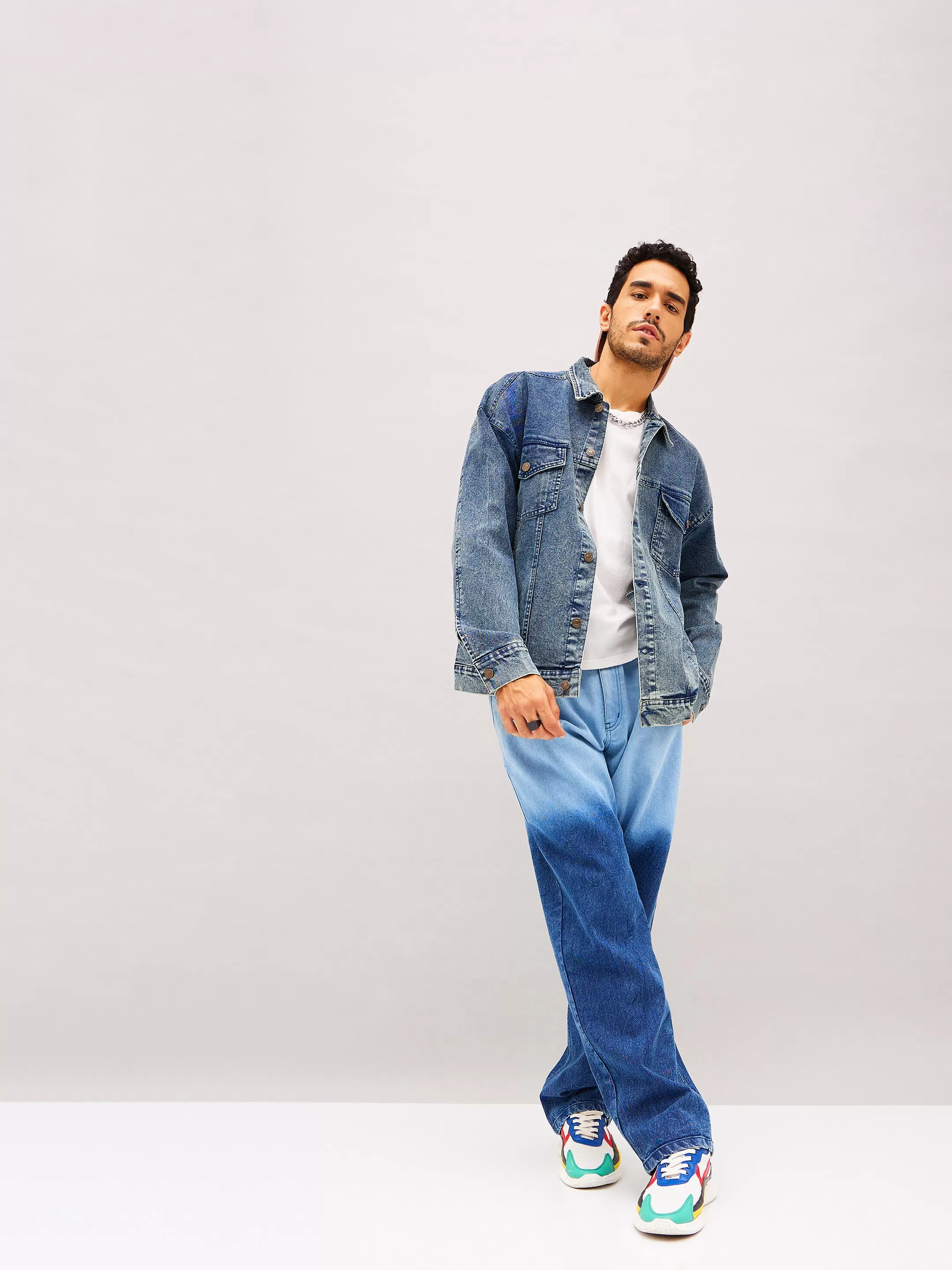 Men Blue Washed Relax Fit Denim Jacket