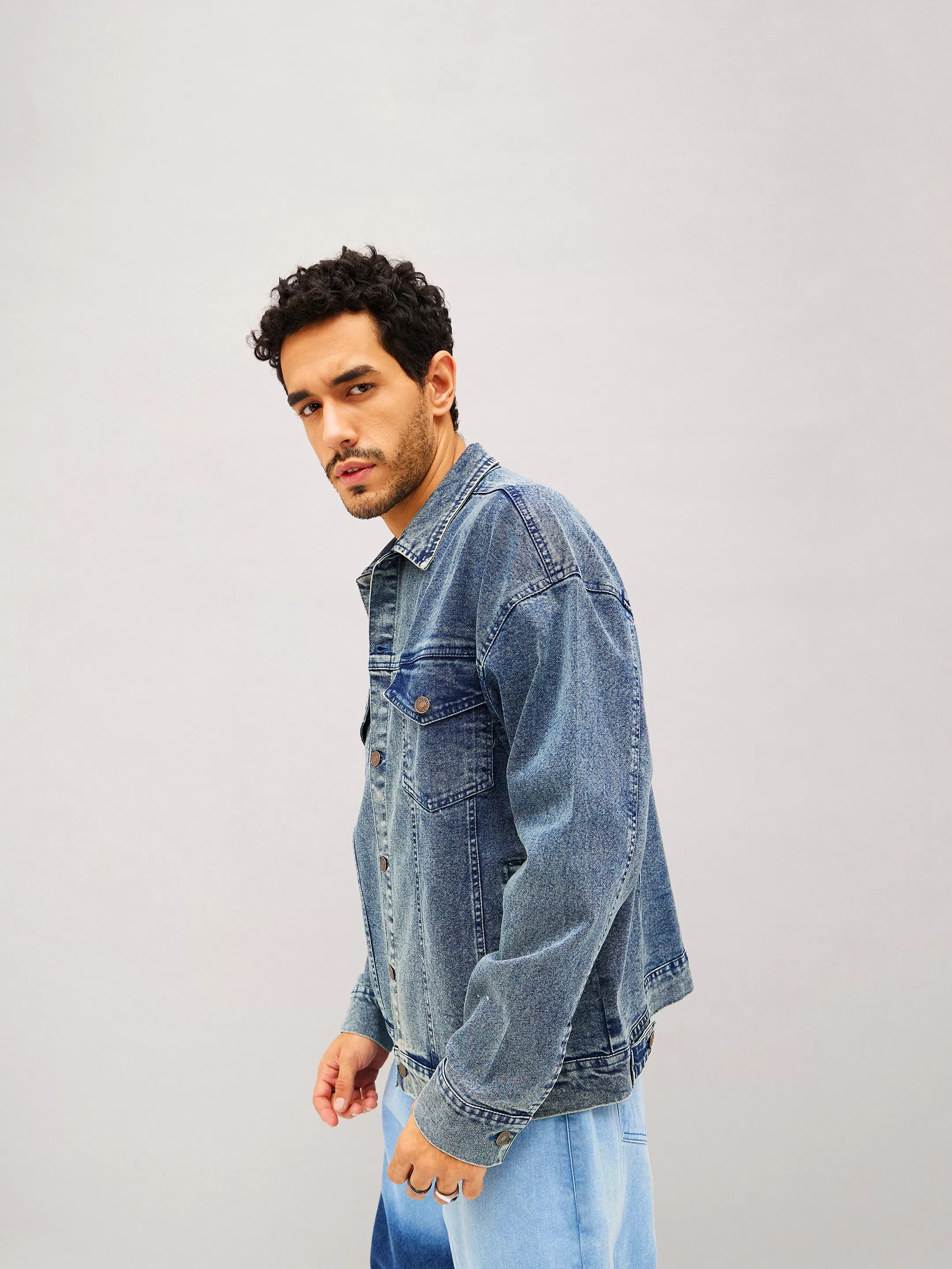 Men Blue Washed Relax Fit Denim Jacket