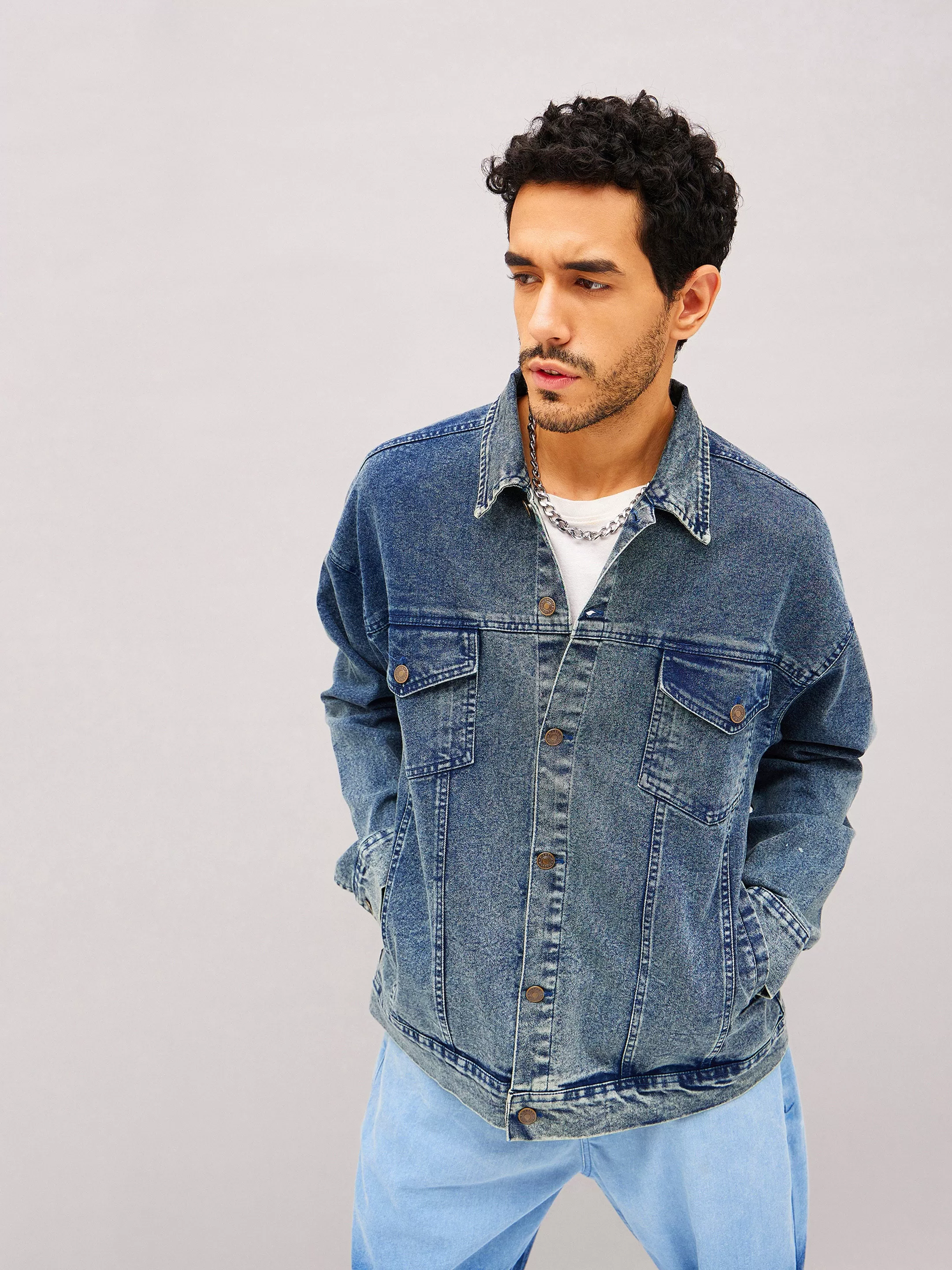 Men Blue Washed Relax Fit Denim Jacket