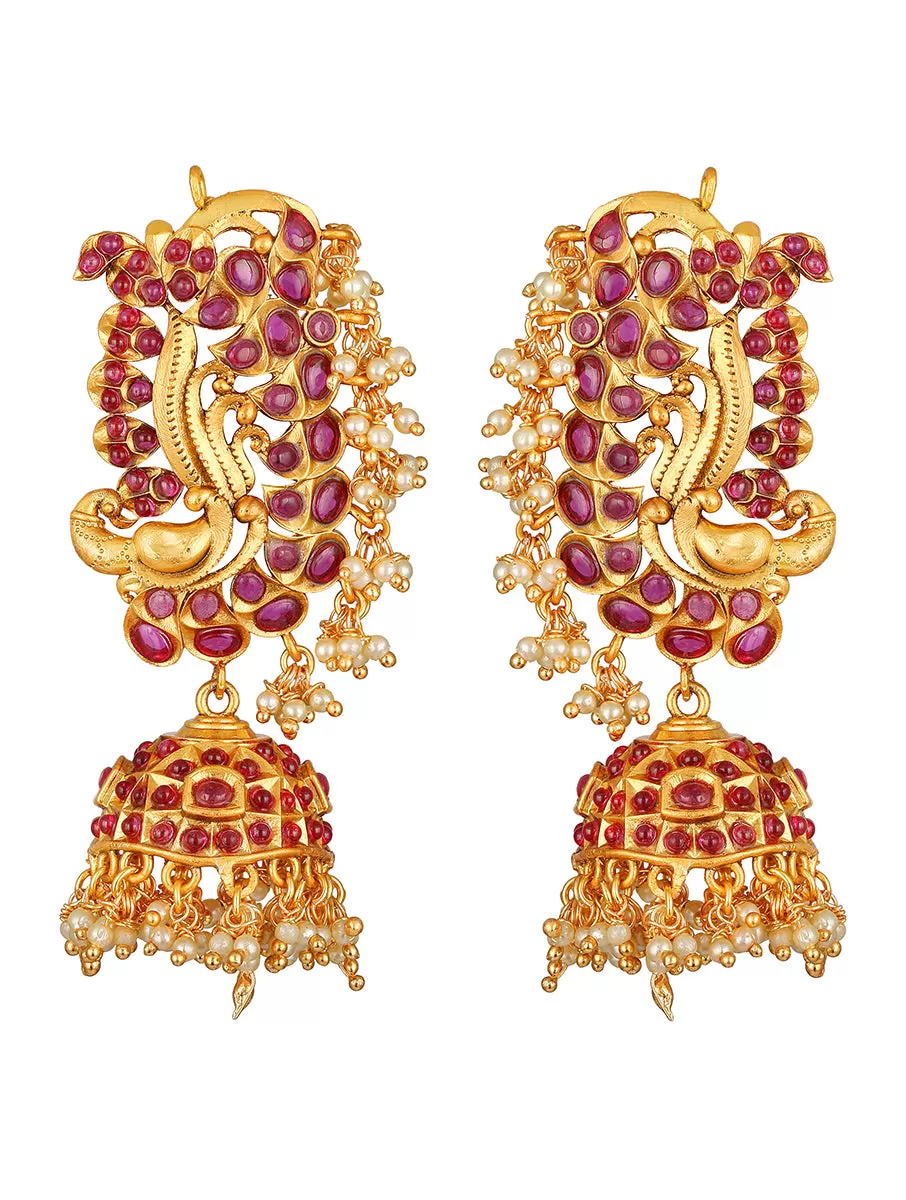 Micron Gold Polished Earring With Pearls, & Maroon Coloured Polki Stones.