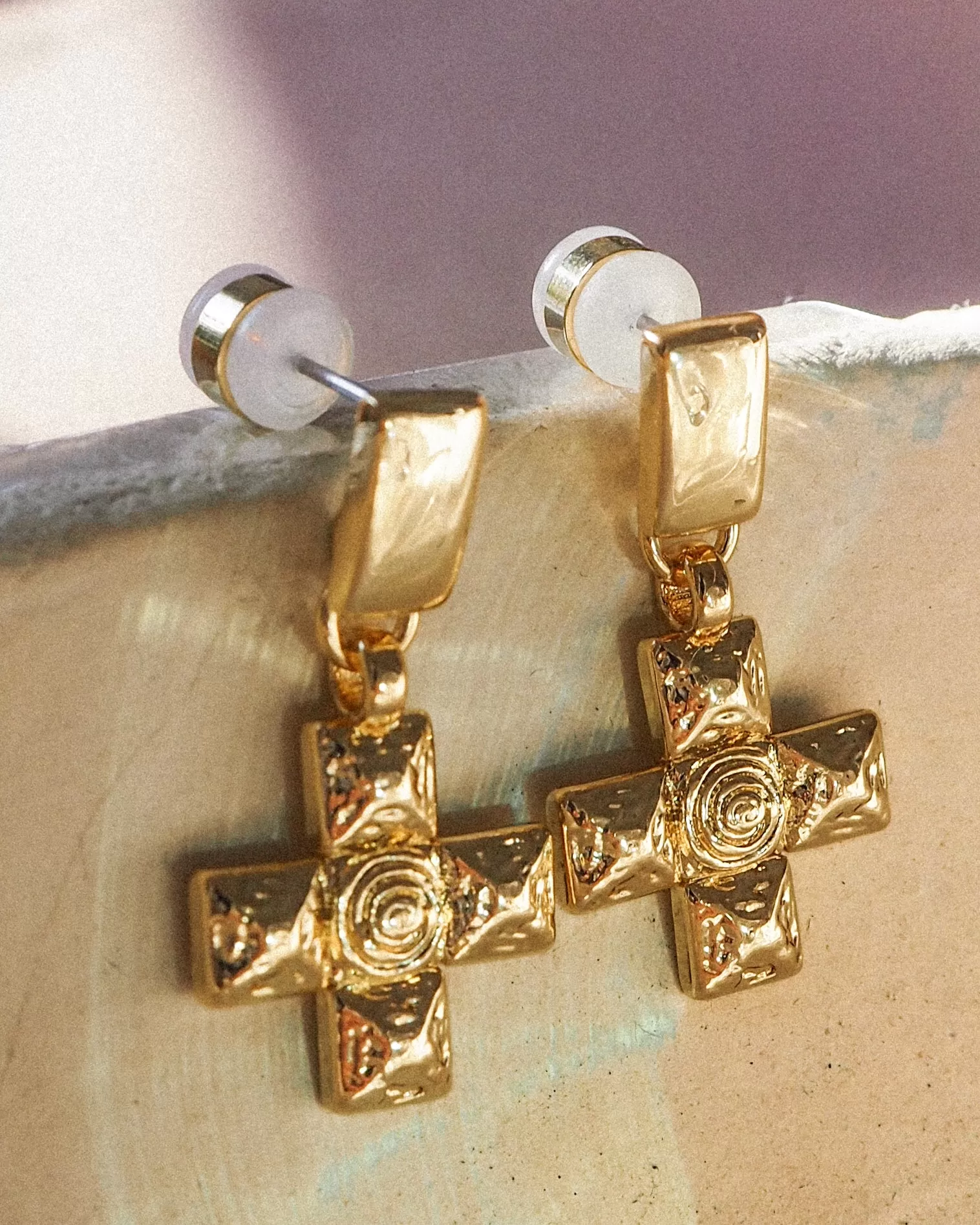 Molten Cross Pendant Earrings- Gold