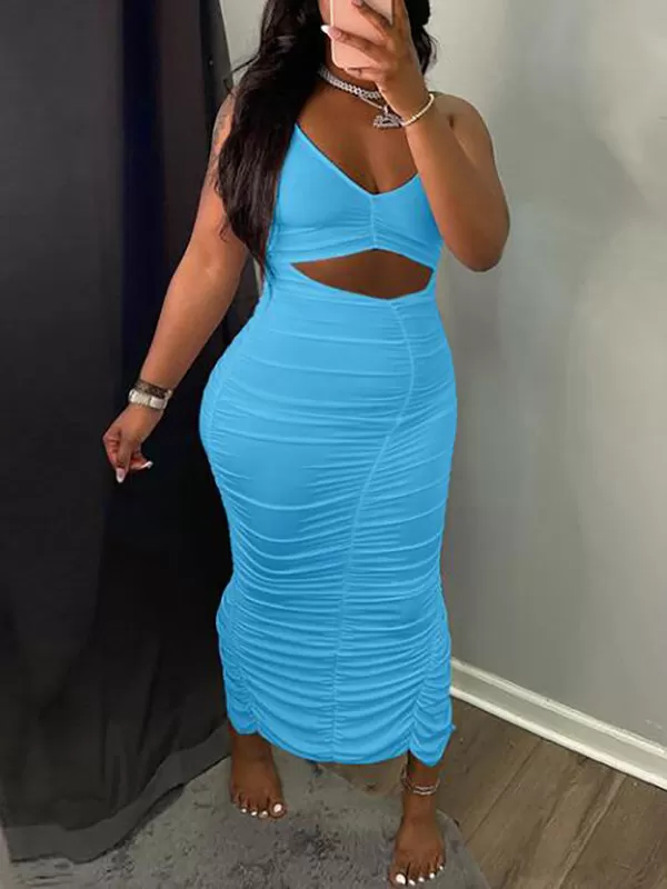 Momnfancy Blue Cut Out Backless Slit Spaghetti Strap Ruched Baby Shower Bodycon Party Maternity Maxi Dress