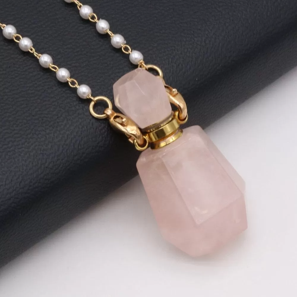 Natural Rose Quartz Perfume Bottle Pendant Necklace