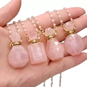 Natural Rose Quartz Perfume Bottle Pendant Necklace