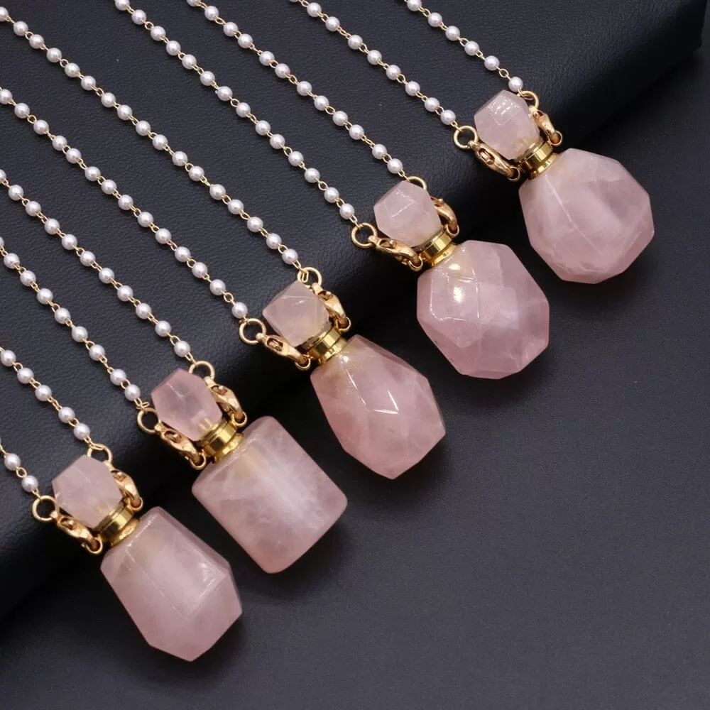 Natural Rose Quartz Perfume Bottle Pendant Necklace