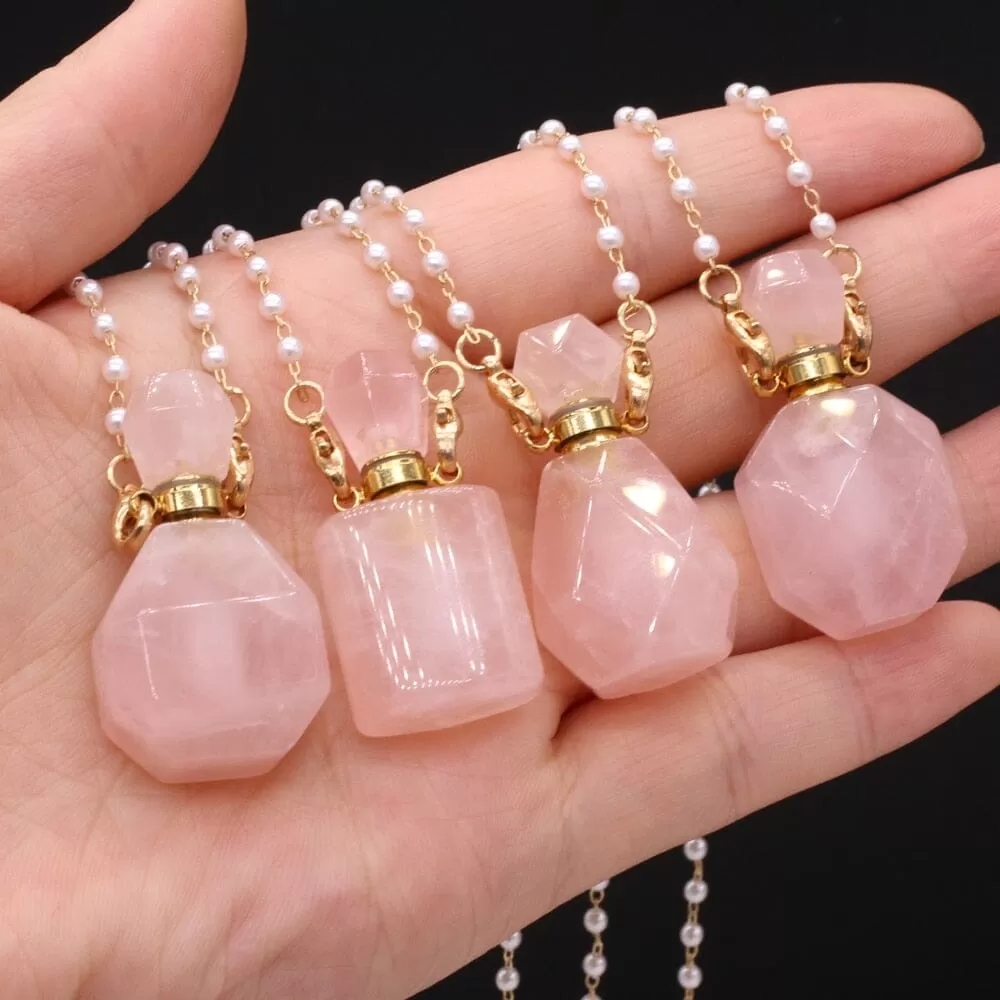 Natural Rose Quartz Perfume Bottle Pendant Necklace