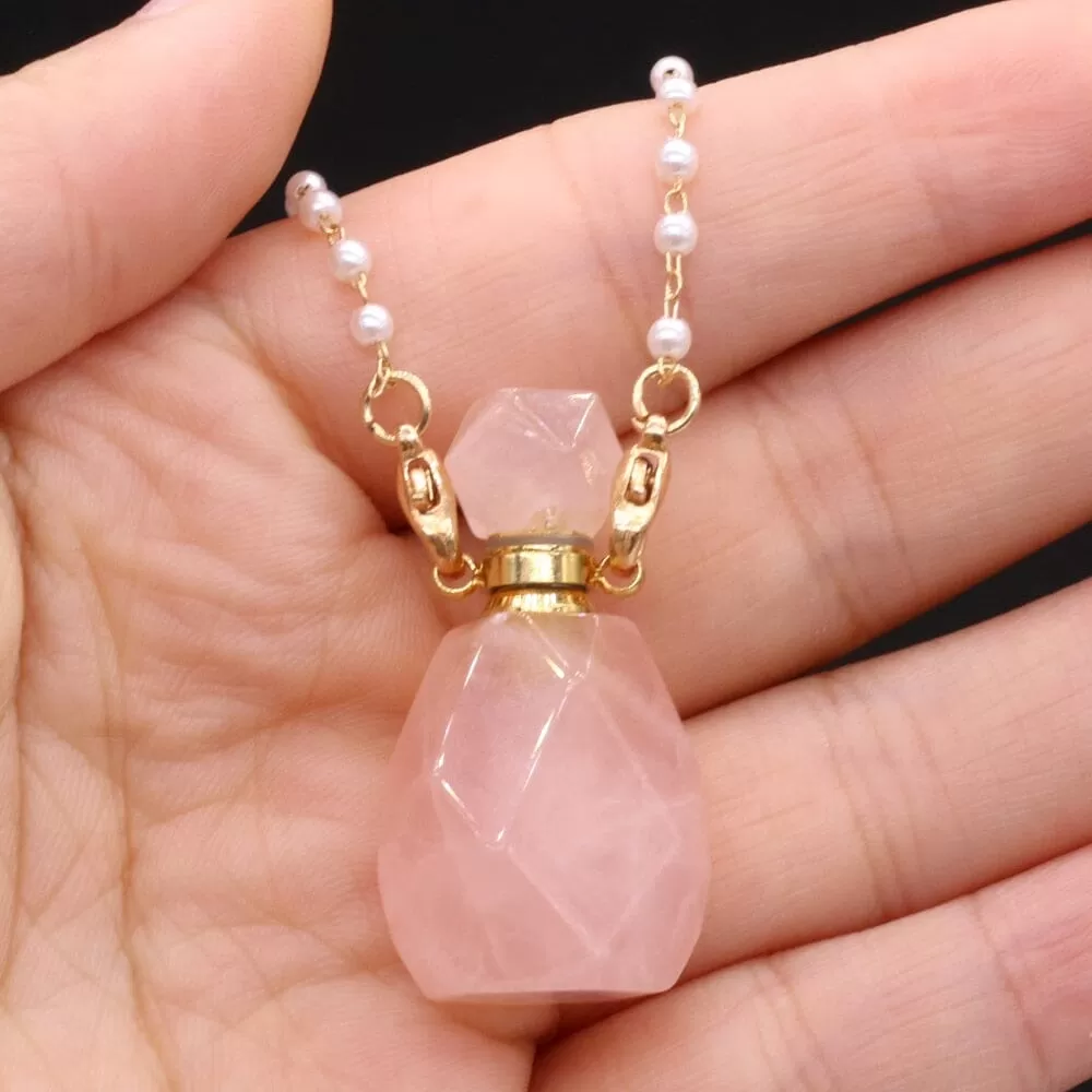 Natural Rose Quartz Perfume Bottle Pendant Necklace