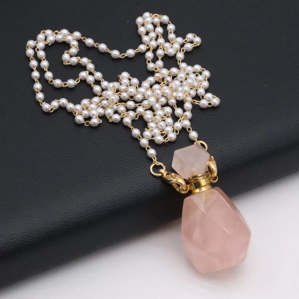 Natural Rose Quartz Perfume Bottle Pendant Necklace