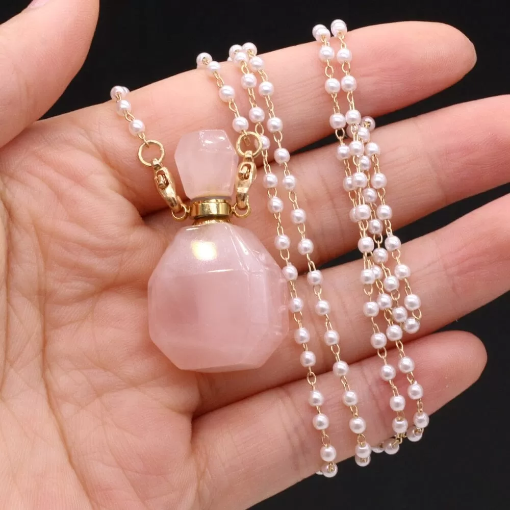 Natural Rose Quartz Perfume Bottle Pendant Necklace