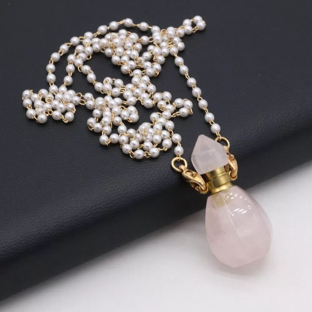 Natural Rose Quartz Perfume Bottle Pendant Necklace