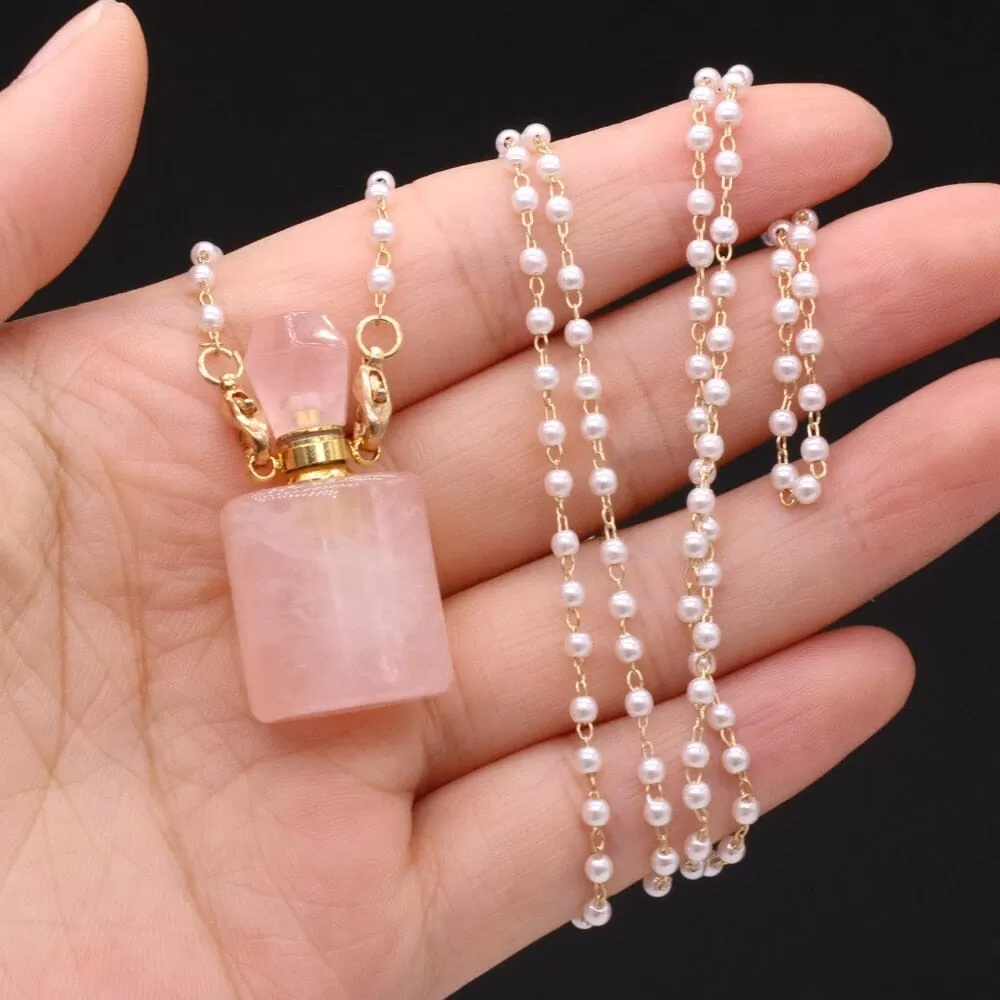 Natural Rose Quartz Perfume Bottle Pendant Necklace