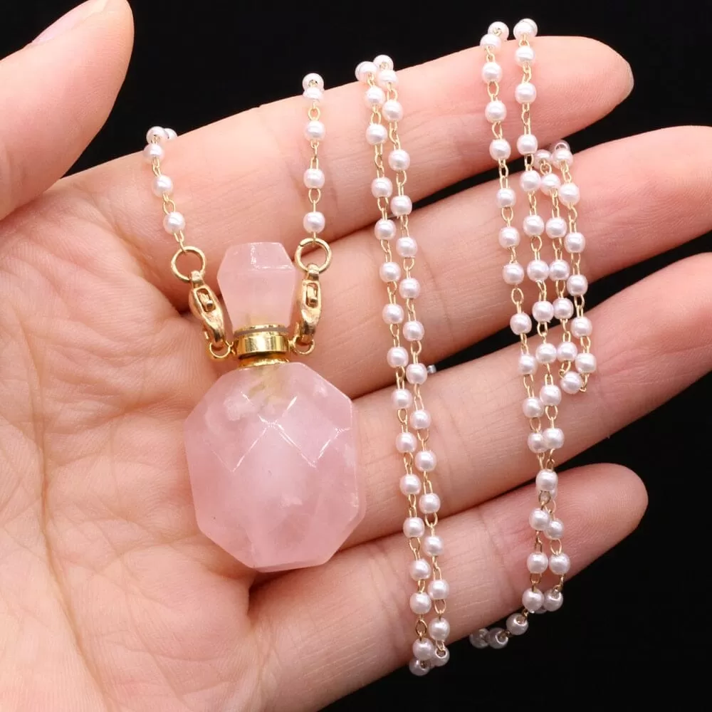 Natural Rose Quartz Perfume Bottle Pendant Necklace