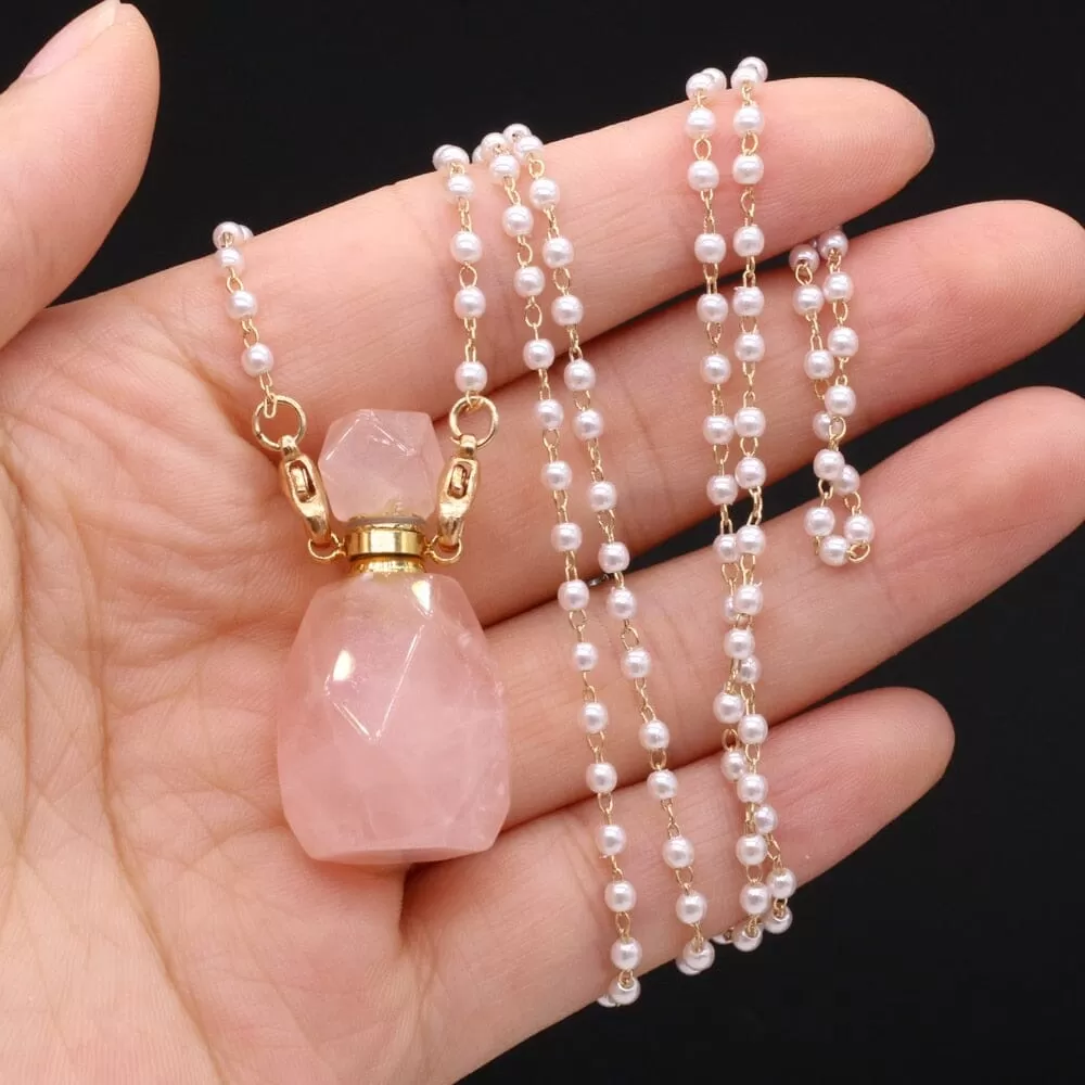 Natural Rose Quartz Perfume Bottle Pendant Necklace