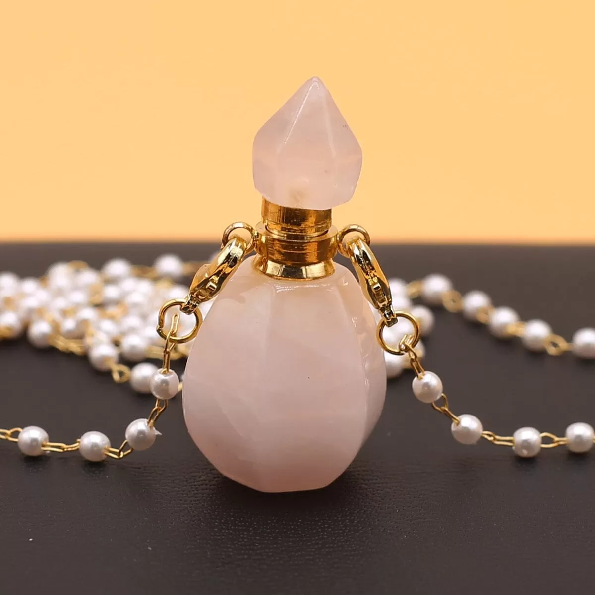 Natural Rose Quartz Perfume Bottle Pendant Necklace