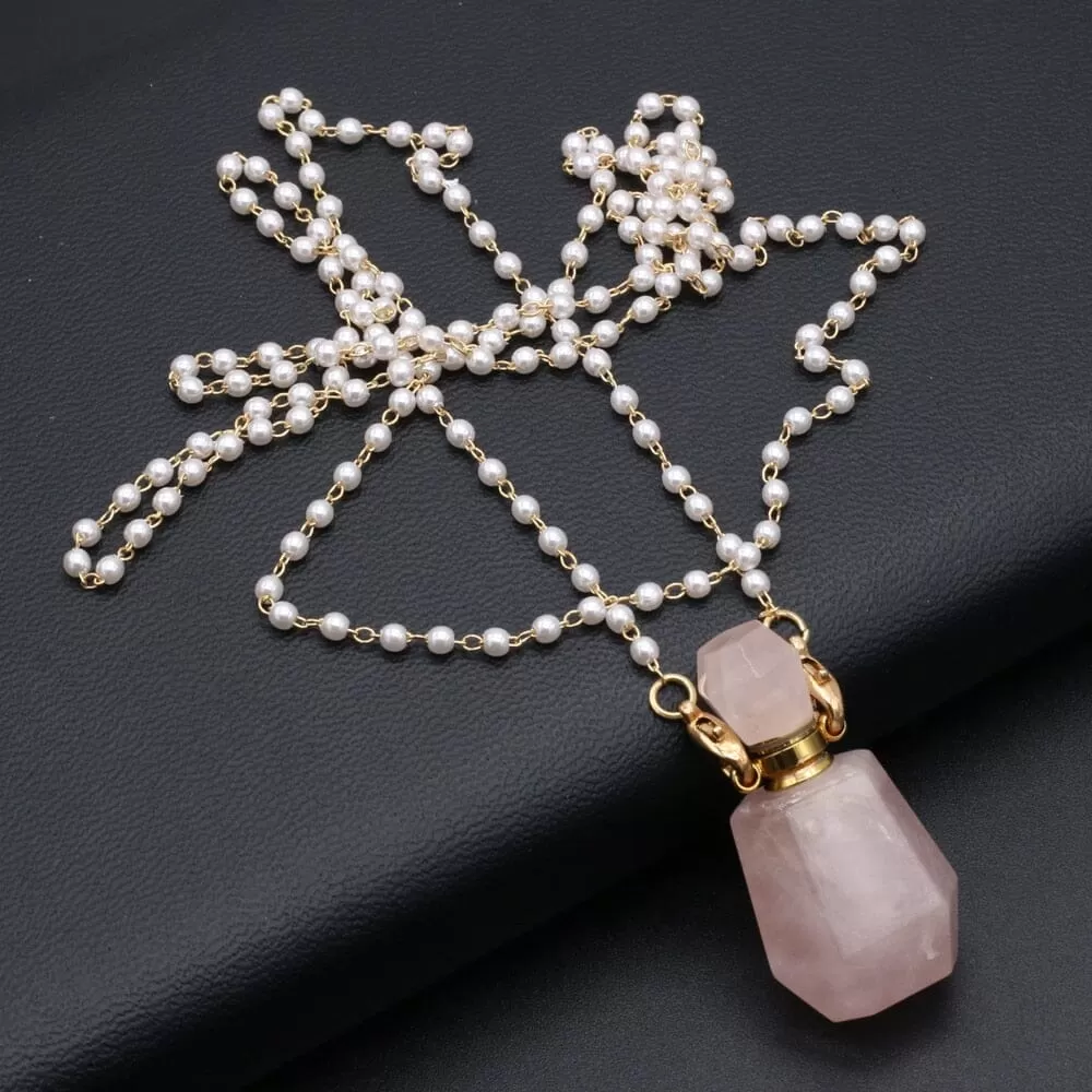 Natural Rose Quartz Perfume Bottle Pendant Necklace